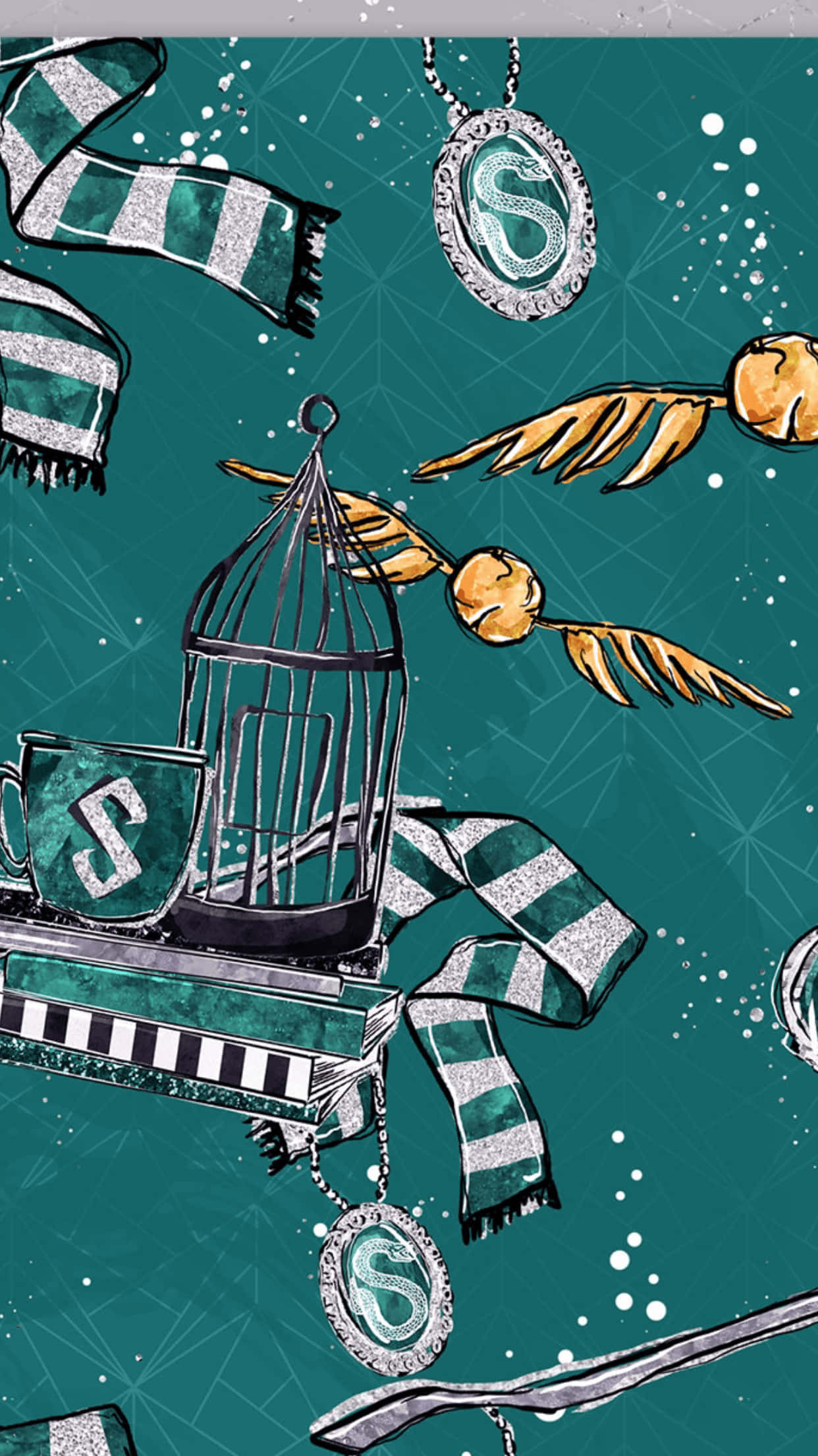 Cute Slytherin 桌布 壁紙 — 藍綠色插圖桌布，特色是漂浮的史萊哲林標誌、圍巾、金色金探子，以及一個帶杯子的鳥籠。