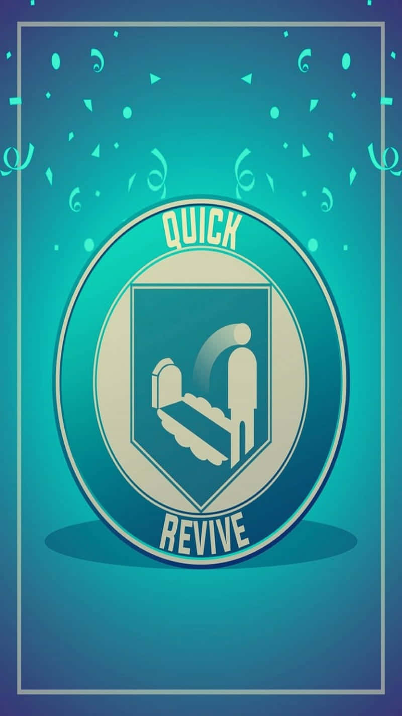 Confetti 桌布 壁紙 — 藍綠色漸變背景上有一個圓形徽章，上面有「QUICK REVIVE」文字和一個從棺材中升起的風格化人物。