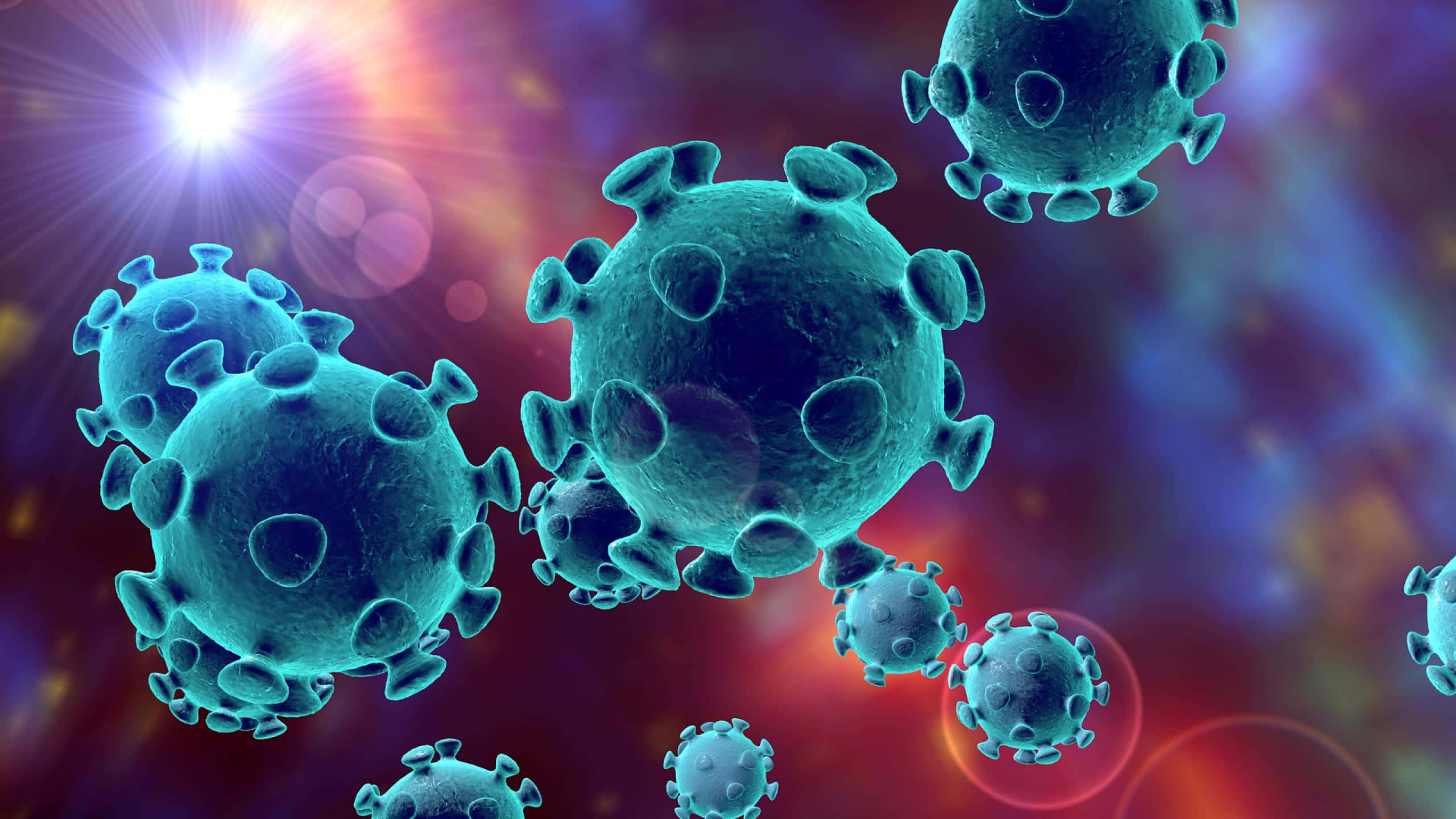 Coronavirus 桌布 壁紙 — 藍綠色病毒粒子在充滿活力的宇宙背景上漂浮，帶有發光的太陽爆發和散景燈光。