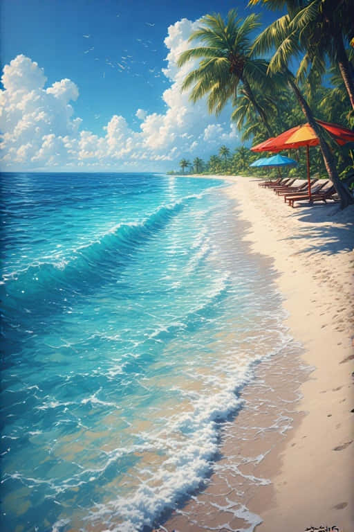 Tropical Beach Paradise with Palm Trees Stunning Summer 4K 壁紙 — 藍綠色的海浪拍打著陽光明媚的沙灘，沙灘上排列著棕櫚樹和色彩繽紛的遮陽傘，天空湛藍。