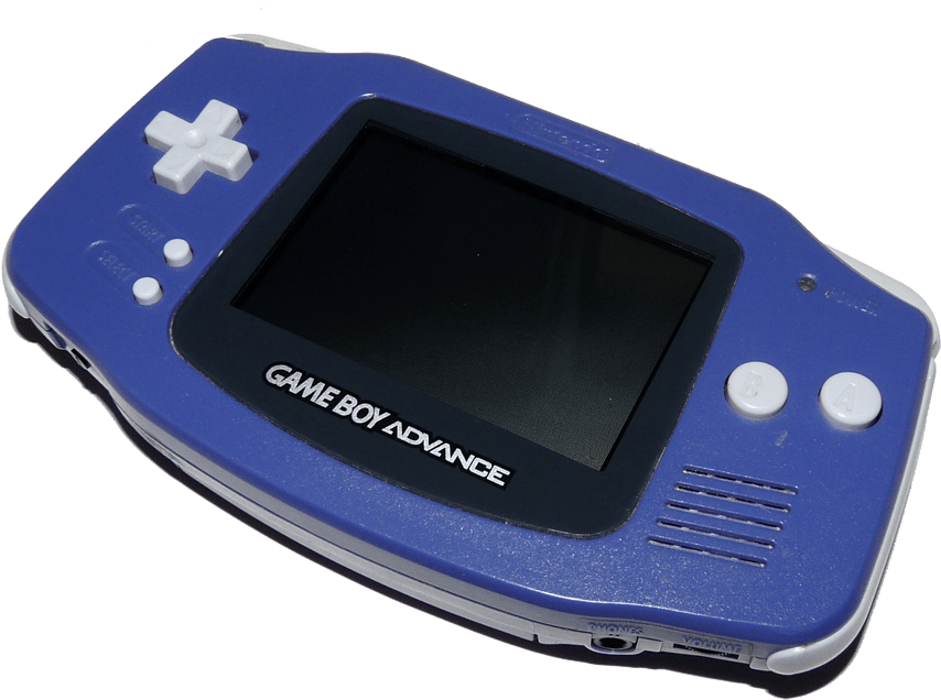 電玩遊戲 桌布 壁紙 — 藍色 Game Boy Advance 掌上型遊戲機，配備白色按鈕和黑色螢幕，背景為純白色。