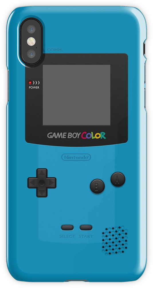 Game Boy 桌布 壁紙 — 藍色 Game Boy Color 設計覆蓋一部帶有雙鏡頭和逼真按鈕細節的智慧型手機。
