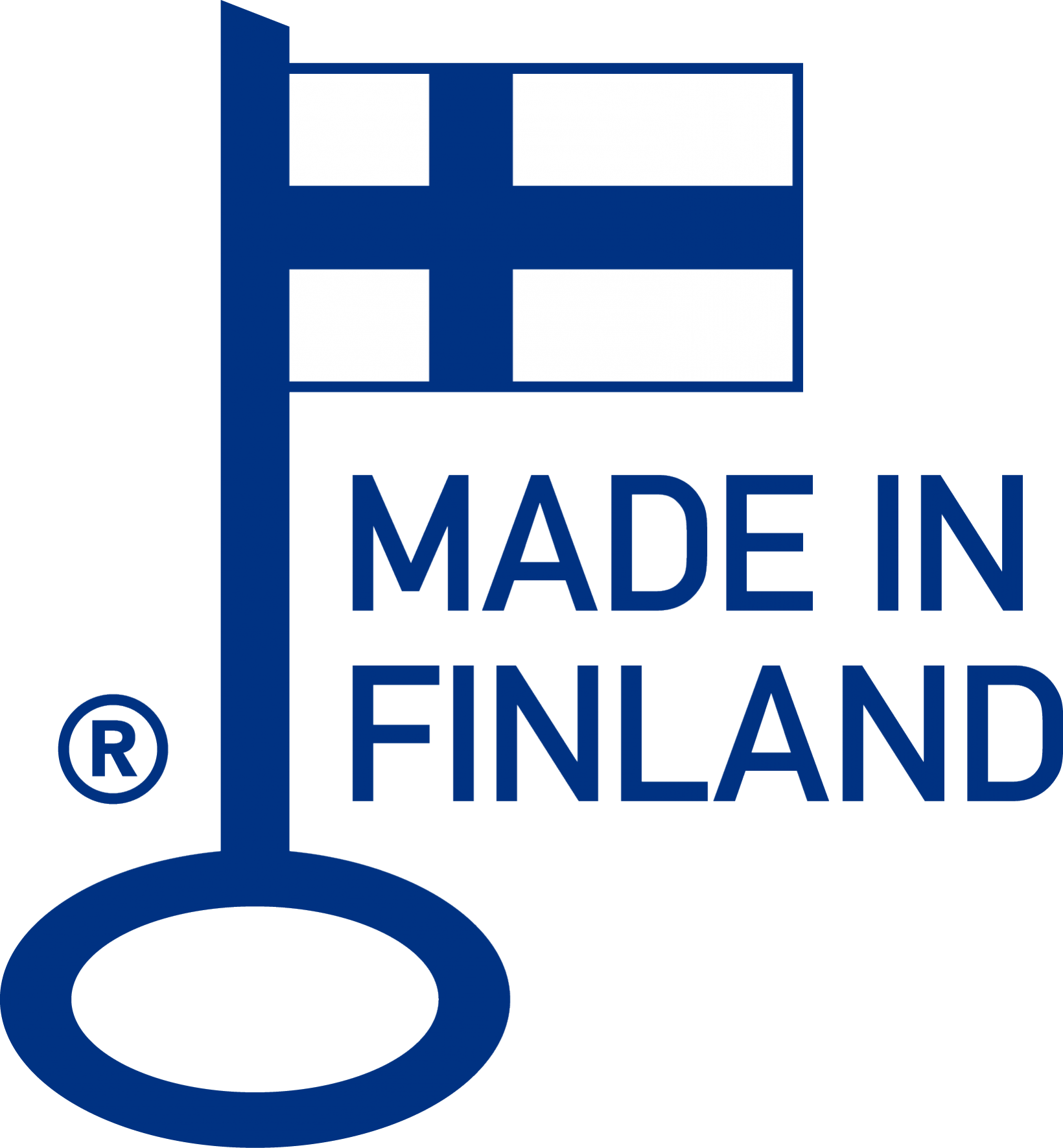 鄉村 桌布 壁紙 — 藍色「Made in Finland」標誌，採用鑰匙形狀，帶有芬蘭國旗設計和註冊商標符號。