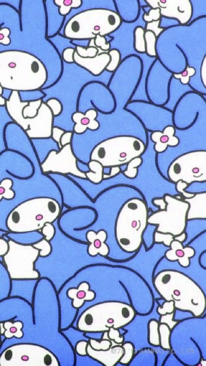 藍色 My Melody 角色手持粉紅色花朵的重複圖案。 — 卡通 iPhone 壁紙 壁紙