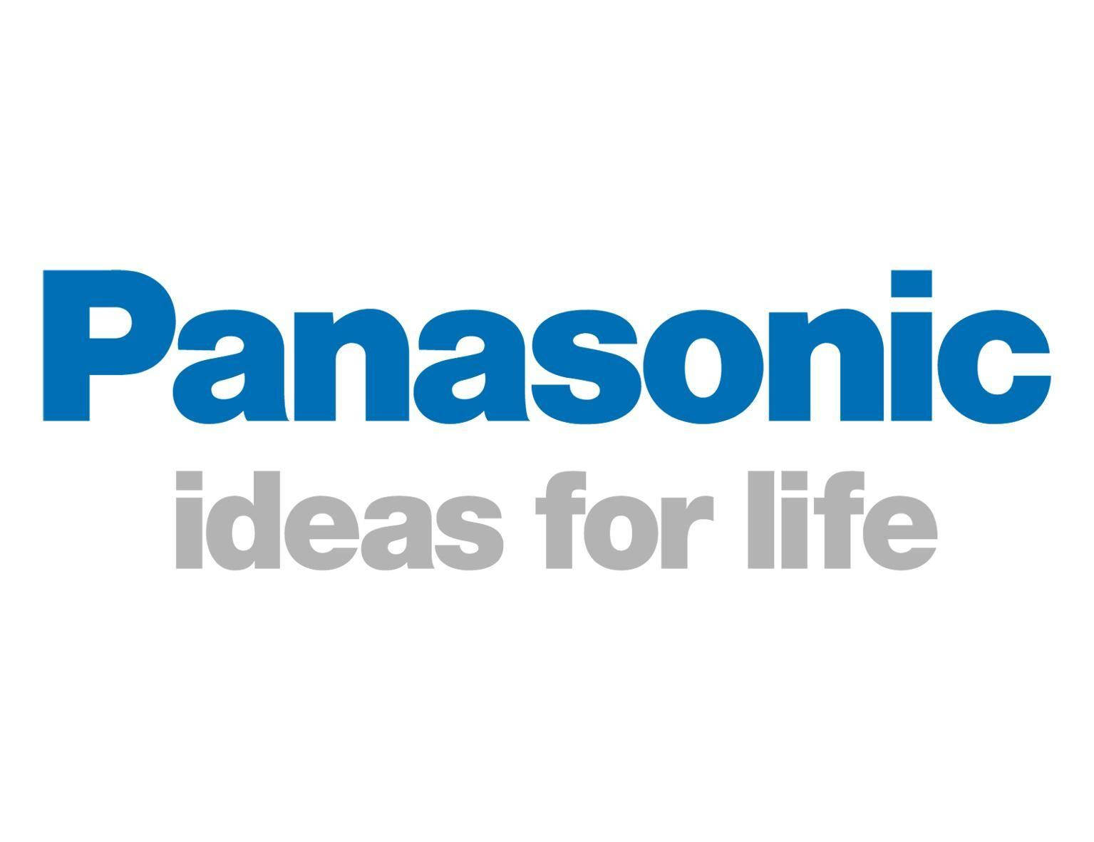 Panasonic 桌布 壁紙 — 藍色 Panasonic 標誌，灰色標語 ideas for life，純白背景。