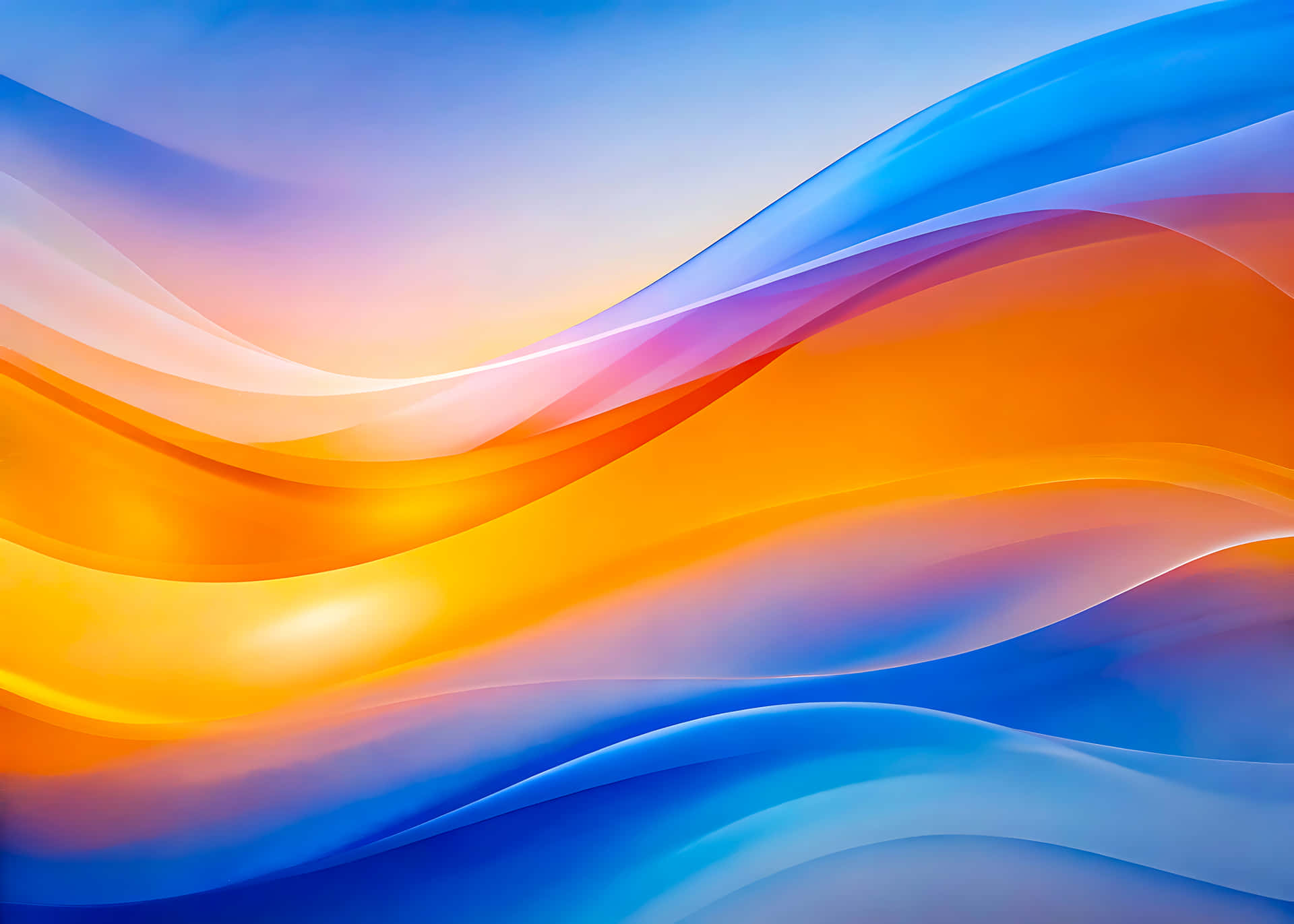 Bright colorful waves swirl across an abstract design with a rainbow light effect 壁紙 — 藍色、橙色和紫色的鮮豔流動波浪在漸變天空中平滑融合。