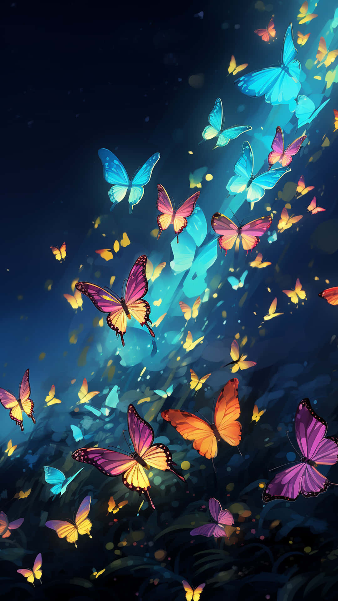 Colourful multiple butterfly and colourful light background 壁紙 — 藍色、粉紅色和橙色色調的鮮豔蝴蝶在深藍色發光的水下場景中向上飛舞。