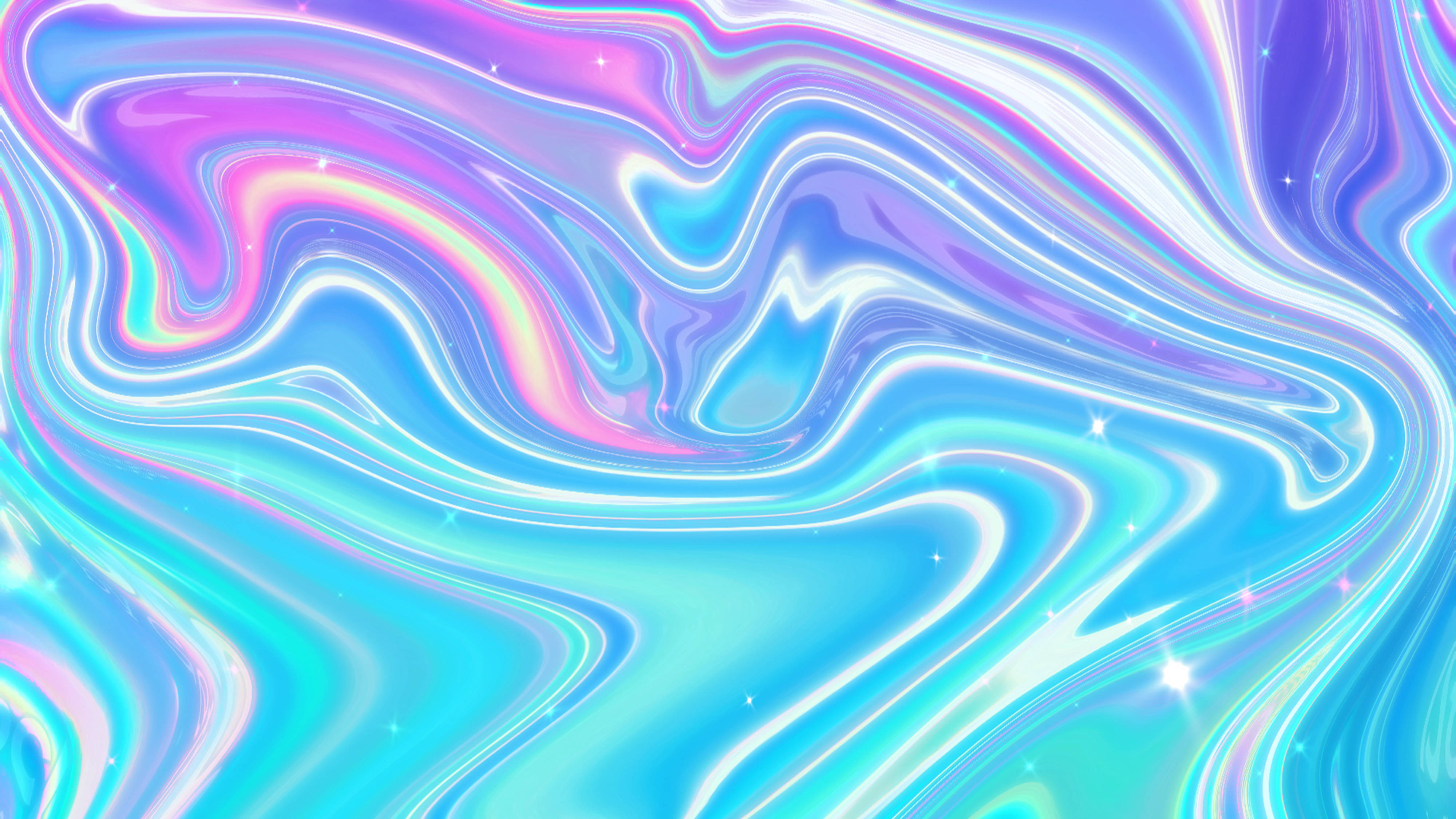 Holographic 桌布 壁紙 — 藍色、粉紅色和白色的鮮豔旋轉液體色彩，配上閃爍的星星，營造出夢幻的宇宙抽象背景。