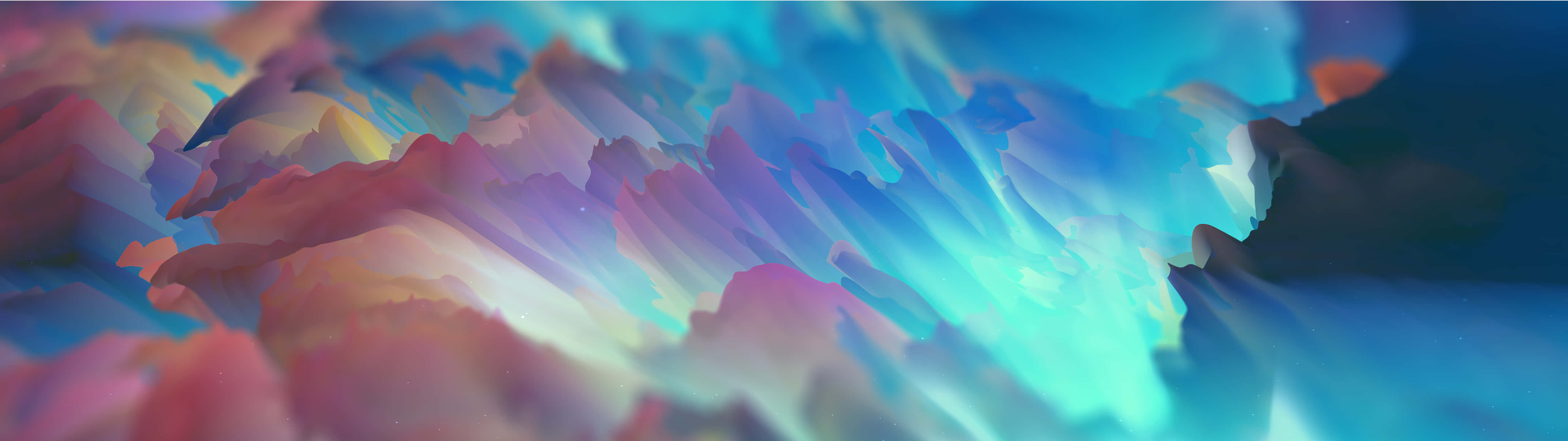 5120x1440 Dual Screen 桌布 壁紙 — 藍色、粉紅色和紫色的鮮豔抽象波浪在流暢的數位藝術構圖中融合。