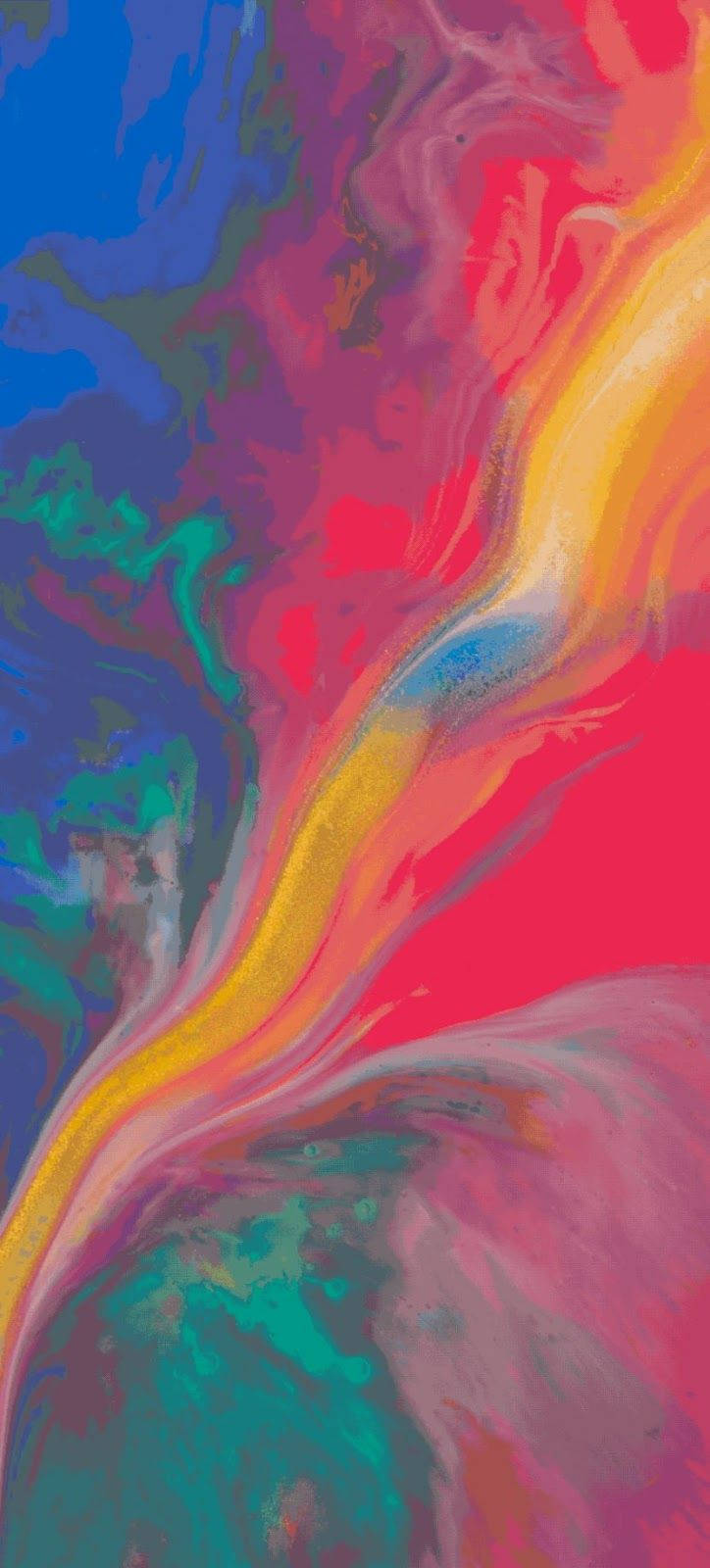 動態圖 桌布 壁紙 — 藍色、紅色、黃色和藍綠色的鮮豔抽象漩渦在流暢的繪畫構圖中動態融合。