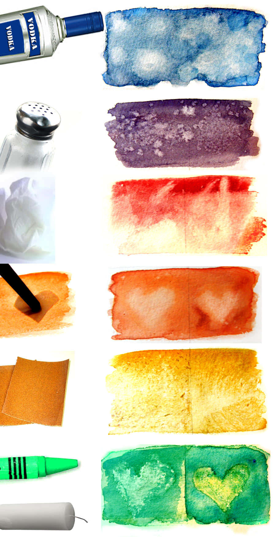 Watercolor Texture 桌布 壁紙 — 藍色、紫色、紅色、橙色、黃色和綠色的伏特加鹽蠟筆和水彩樣本，帶有心形圖案。