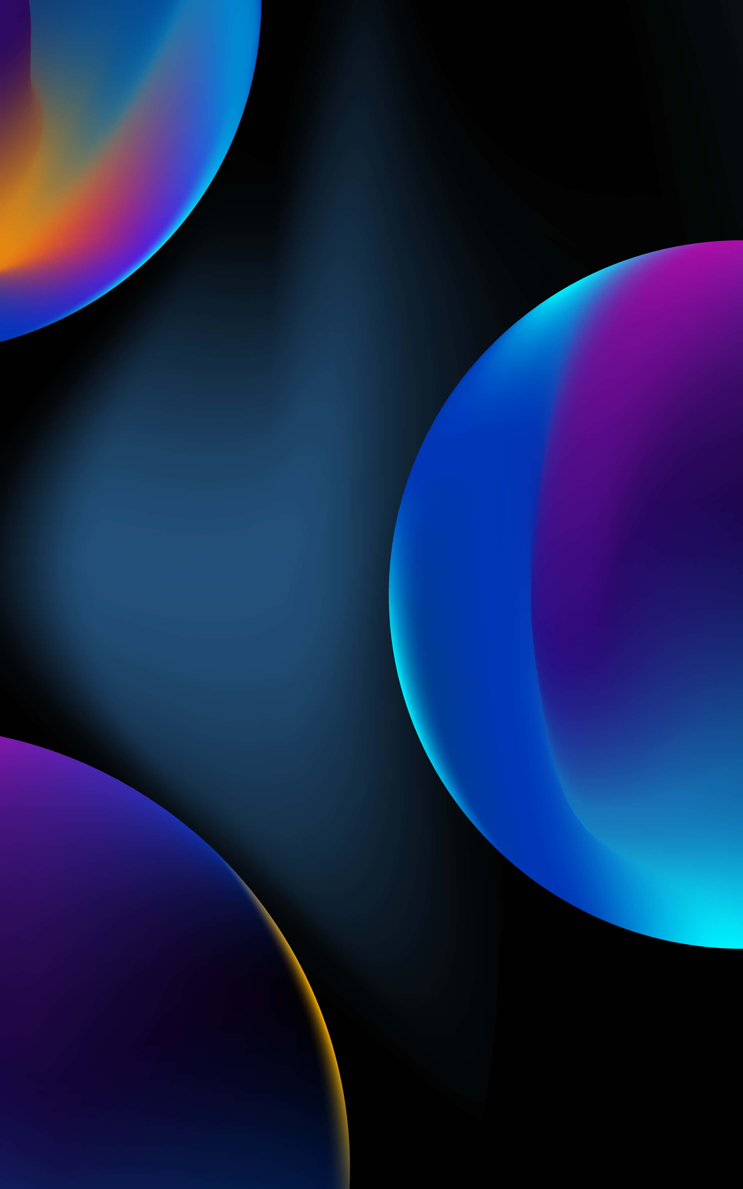 Blue iPhone Xr 桌布 壁紙 — 藍色、紫色和橙色的鮮豔發光球體漂浮在深色漸變背景上。