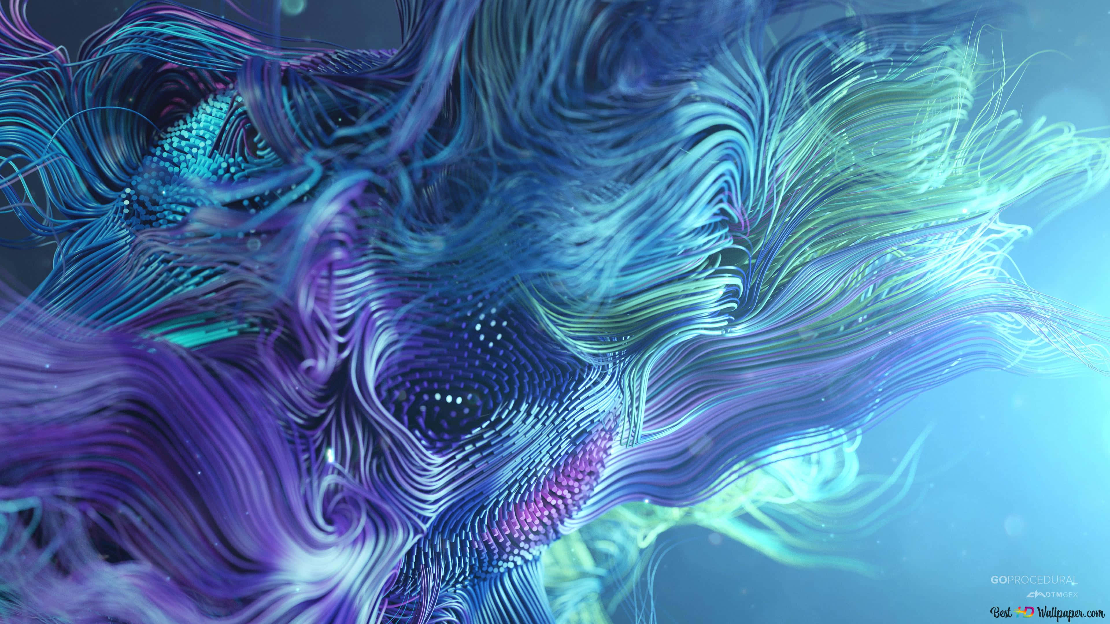 Blue And Purple 桌布 壁紙 — 藍色、紫色和藍綠色的鮮豔數位漩渦在柔和的漸變背景上動態流動。