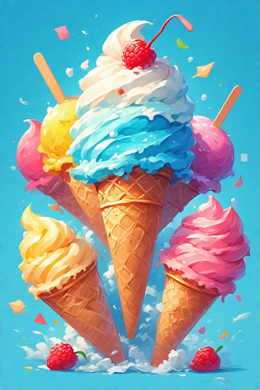 Colorful Ice Cream Delight Playful Summer 4K 壁紙 — 藍色、黃色、粉紅色和白色冰淇淋在鬆餅筒中形成鮮豔的漩渦，上面放有櫻桃，周圍散落著五彩紙屑，背景是明亮的藍色。