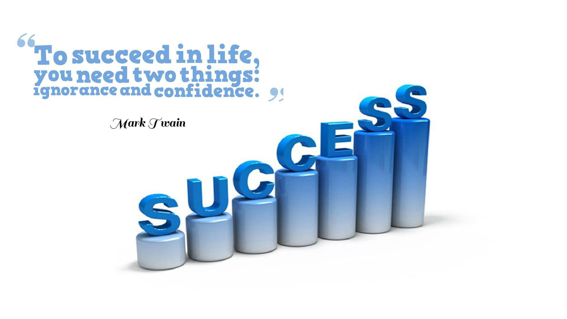 Inspirational Quotes 桌布 壁紙 — 藍色3D字母在白色背景上拼出success rise，並附有馬克·吐溫的名言，形成長條圖。
