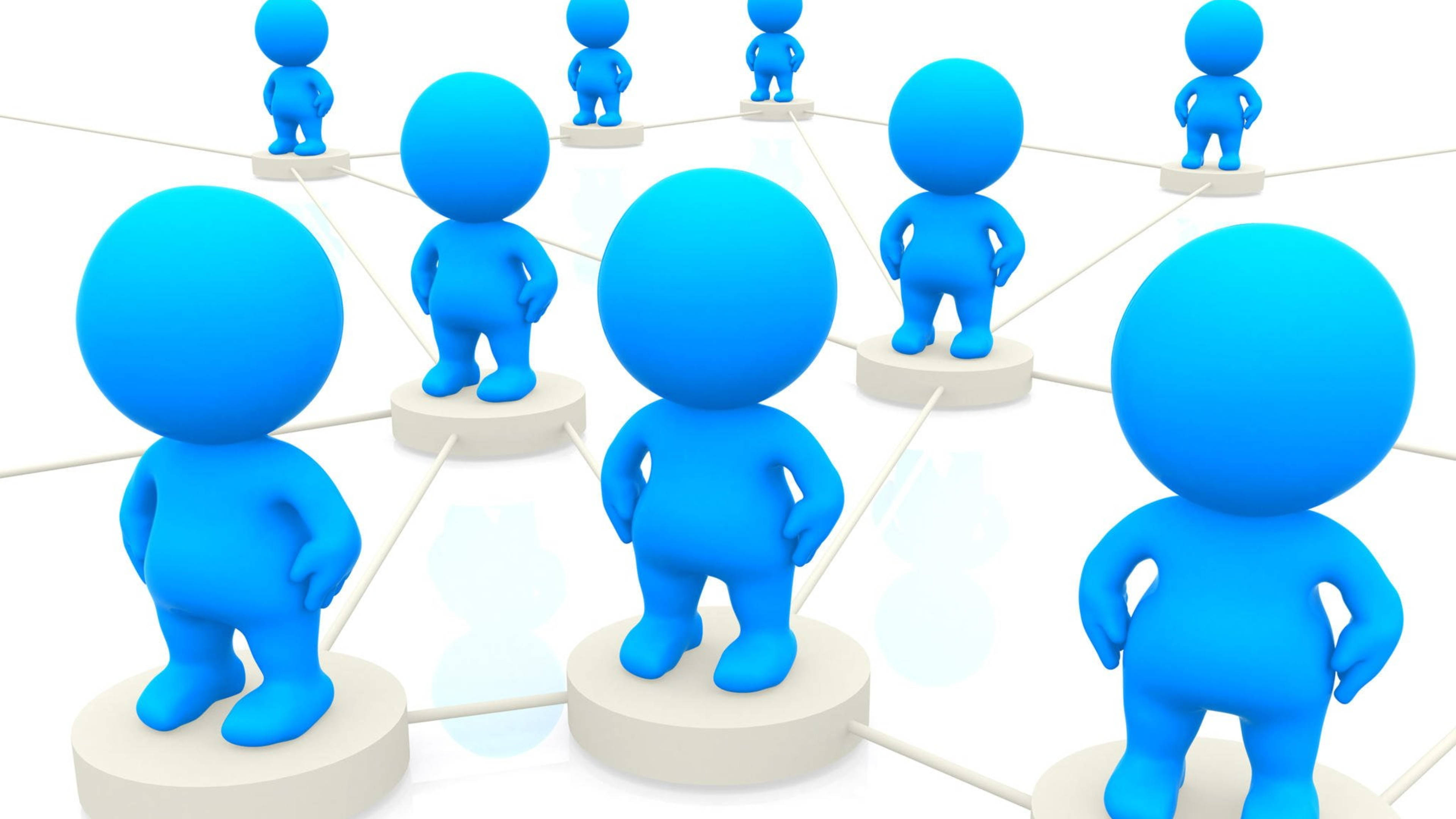 Linkedin 桌布 壁紙 — 藍色3D渲染人物站在圓形平台上，由線條連接形成網路圖案。