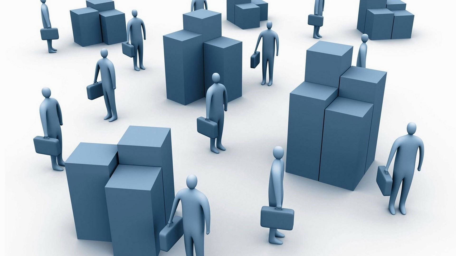 商業 桌布 壁紙 — 藍色3D渲染的商務人物攜帶公事包，在代表企業層級的高聳藍色方塊景觀中穿梭。