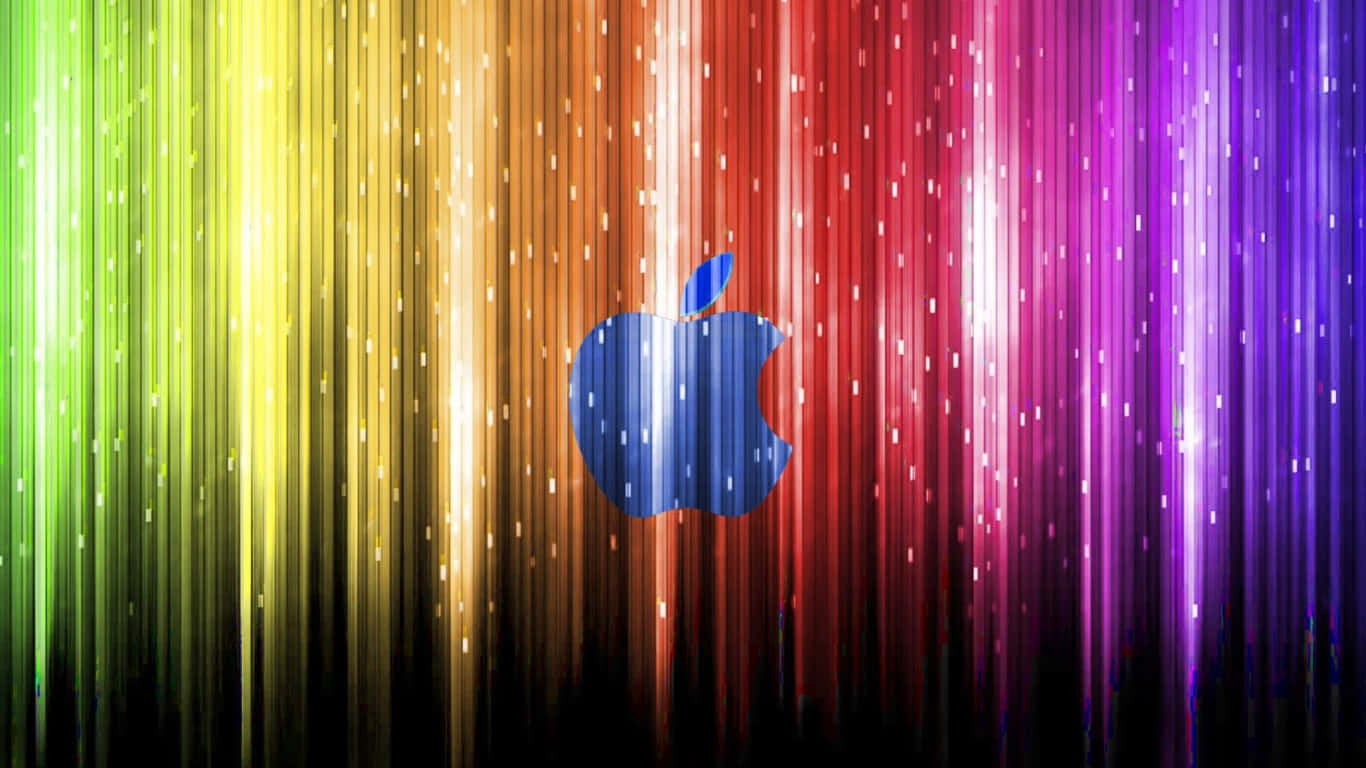 1366x768 Apple 桌布 壁紙 — 藍色Apple標誌居中，背景為垂直光條的鮮豔彩虹漸變。