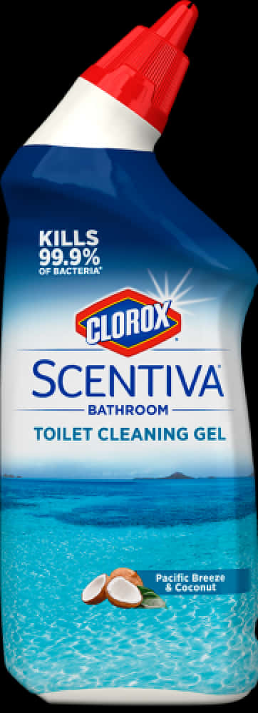 死神 桌布 壁紙 — 藍色Clorox Scentiva馬桶清潔凝膠瓶，配有紅色蓋子和熱帶海灘設計。