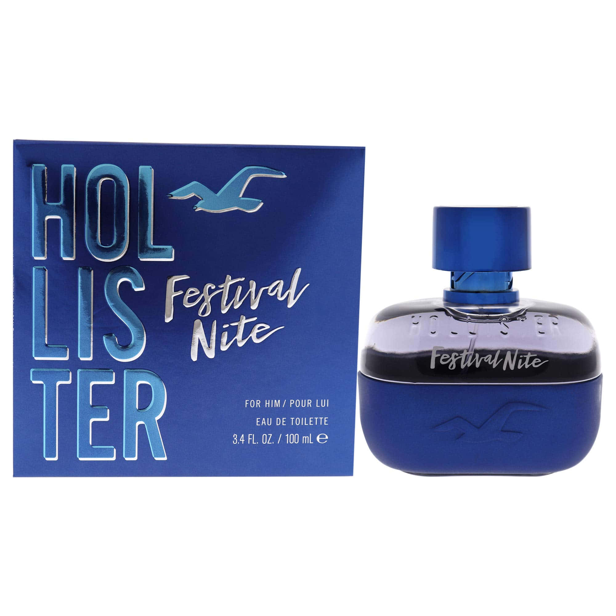 Hollister 桌布 壁紙 — 藍色Hollister Festival Nite男士香水瓶和盒子，帶有海鷗標誌，白色背景。