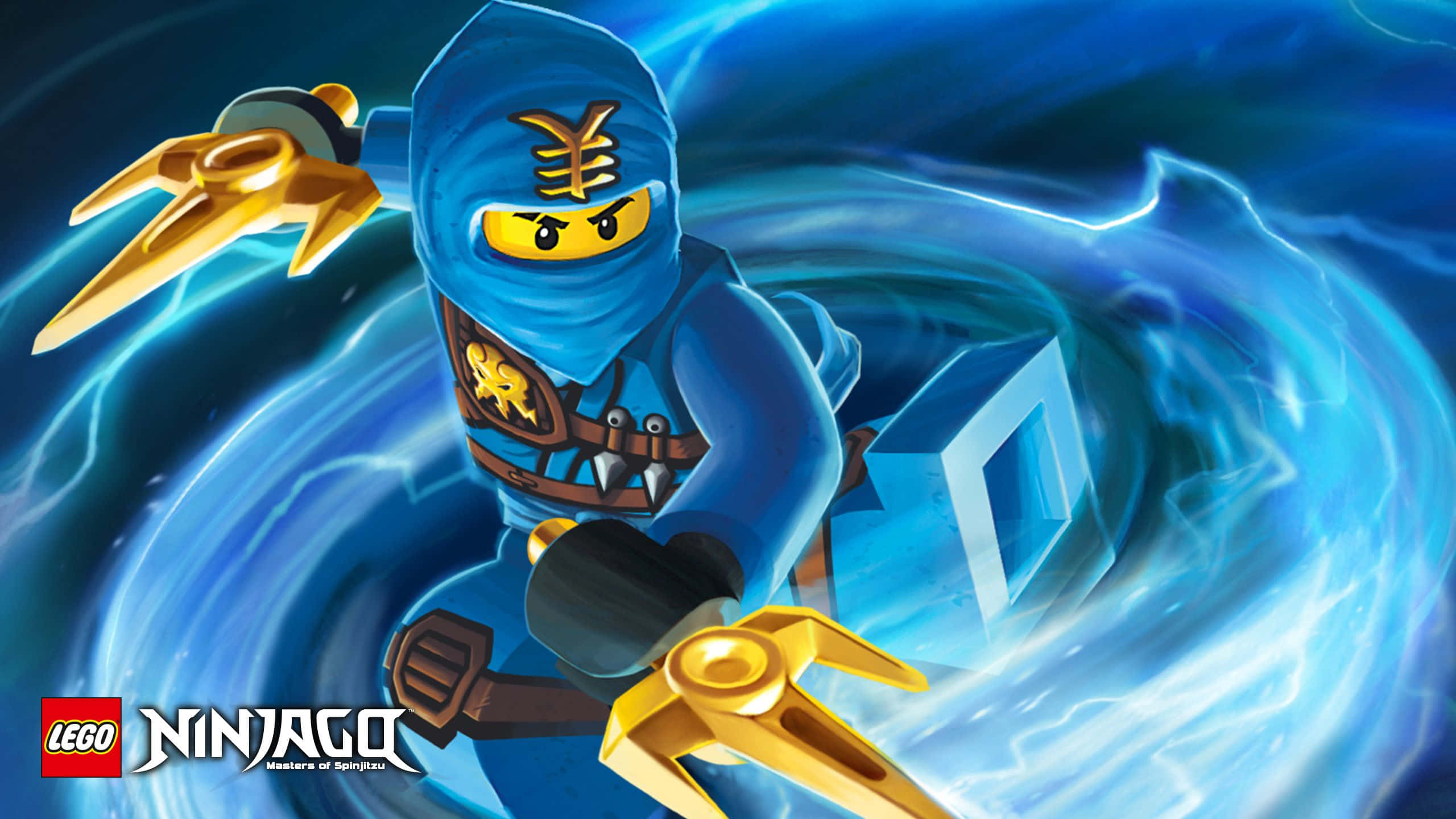 Ninjago 桌布 壁紙 — 藍色LEGO忍者以動態姿勢被旋轉的藍色能量和金色武器包圍。