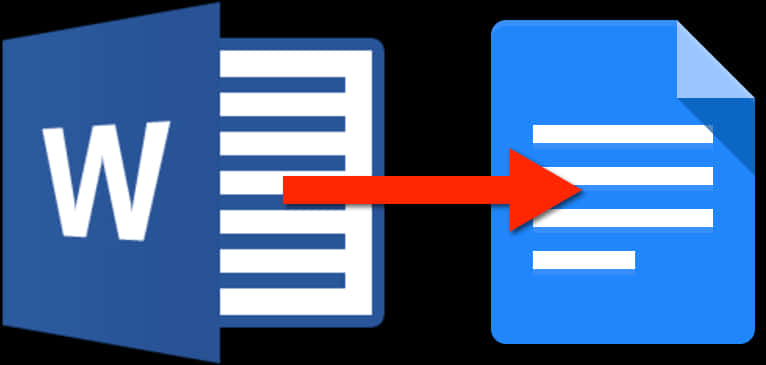 microsoft 桌布 壁紙 — 藍色Microsoft Word圖示，紅色箭頭指向黑色背景上的藍色Google Docs圖示。