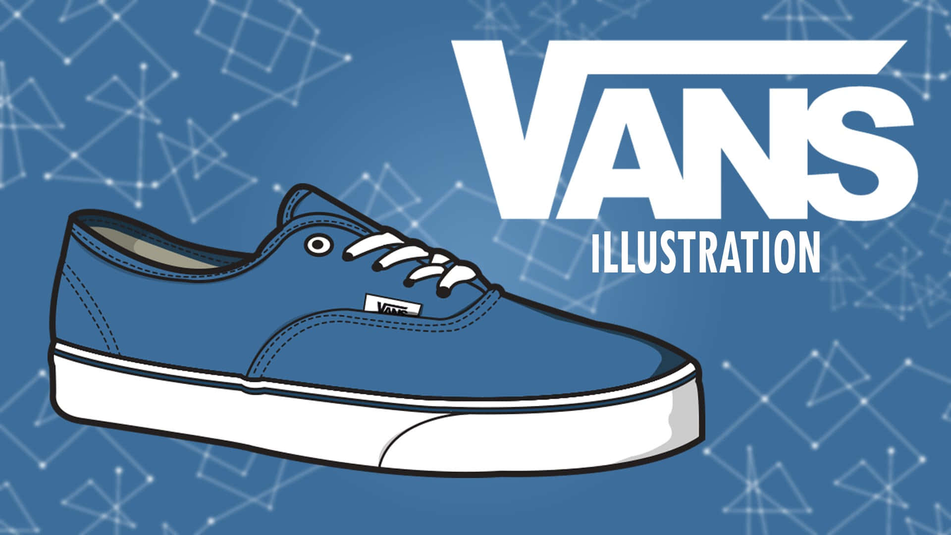 Vans 桌布 壁紙 — 藍色Vans運動鞋插圖，白色鞋帶和鞋底，藍色背景搭配幾何線條藝術。