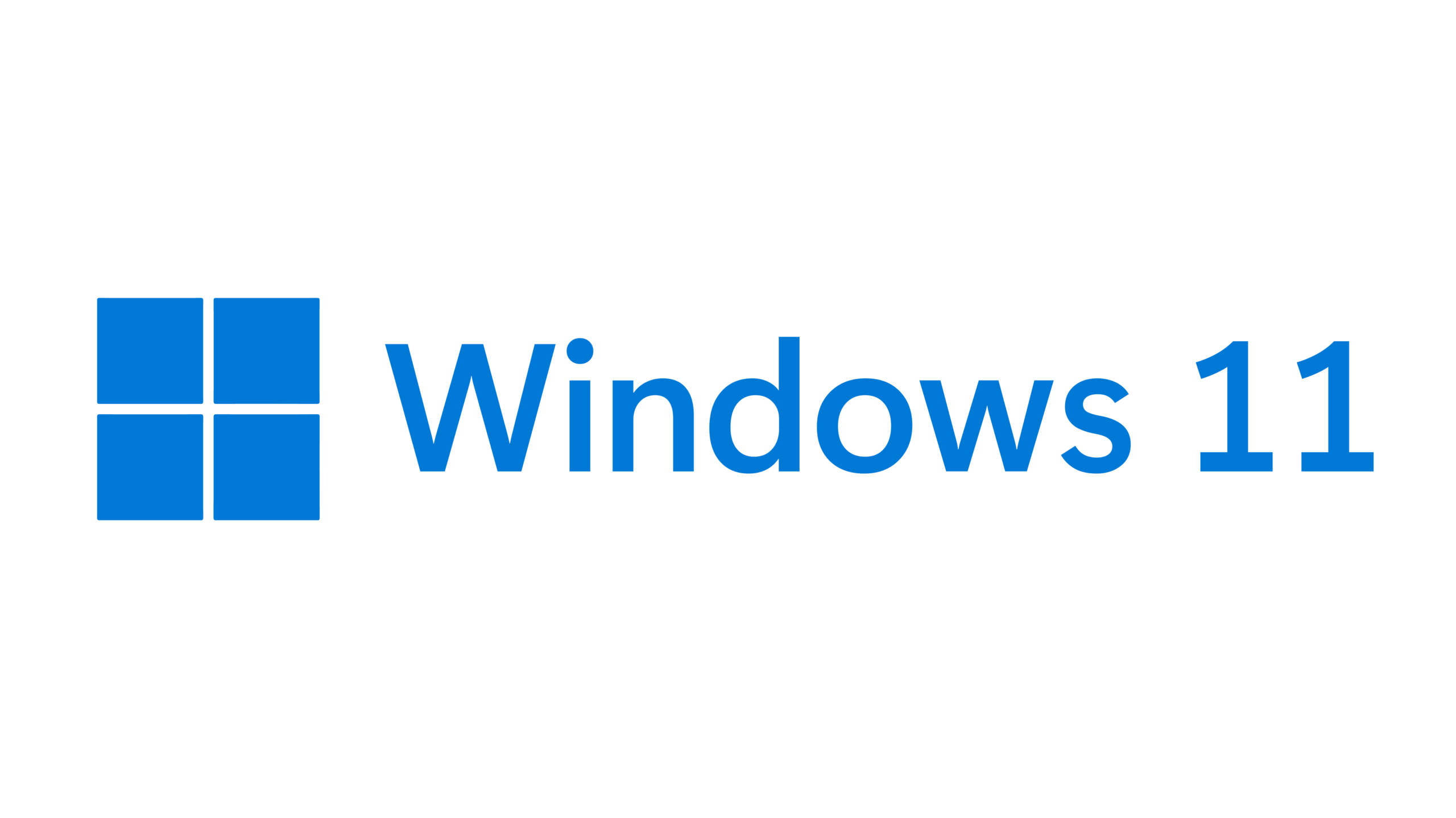 背景 桌布 壁紙 — 藍色Windows 11標誌，包含四個正方形和文字，背景為潔淨白色。