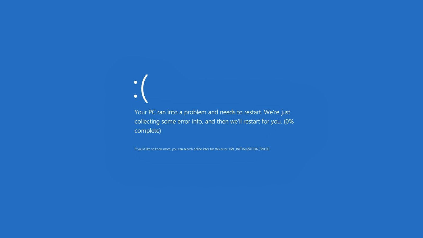 Windows 10 桌布 壁紙 — 藍色Windows PC錯誤畫面顯示一個悲傷的表情圖示和文字，指出系統遇到問題，需要重新啟動。