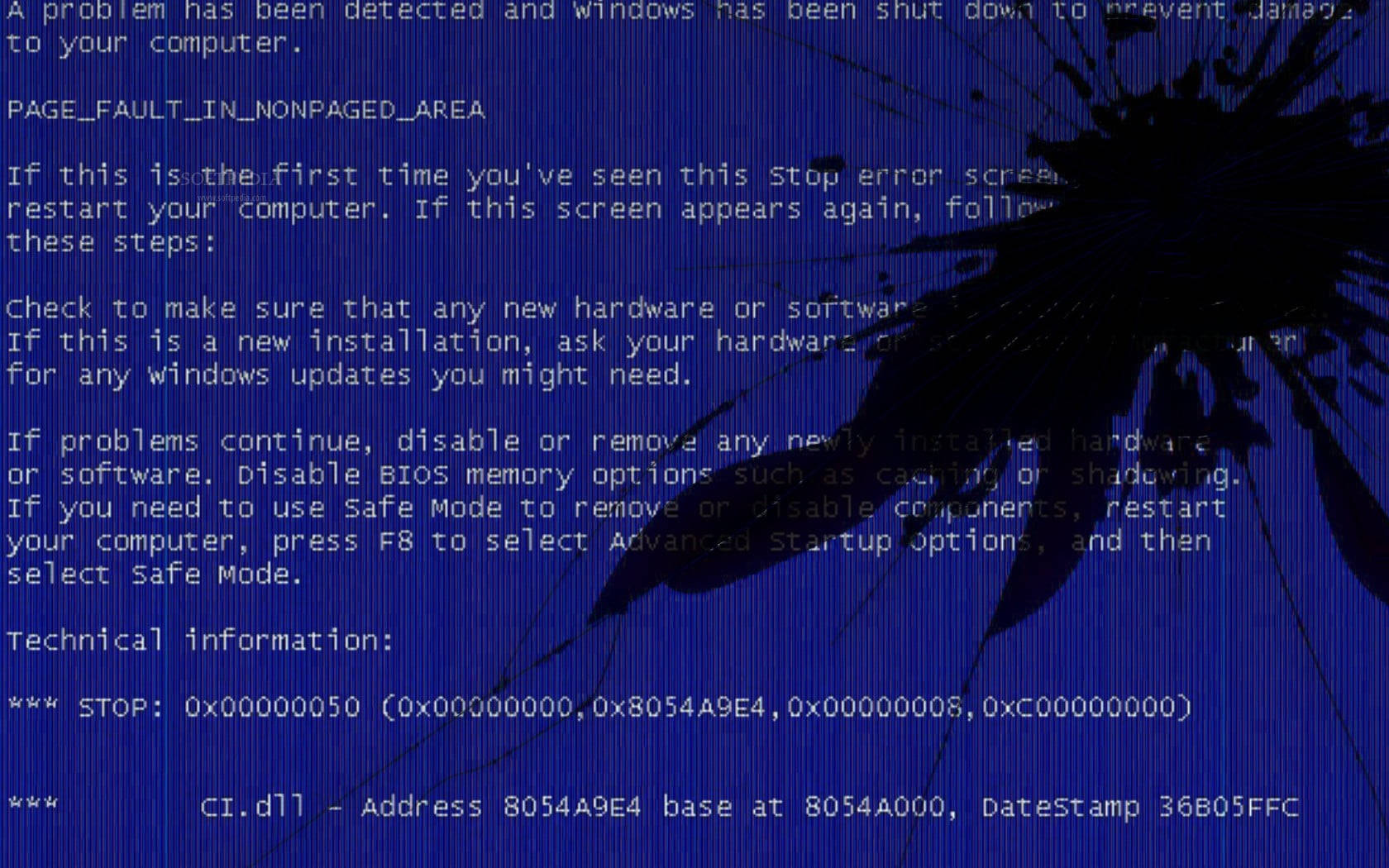 Screen 桌布 壁紙 — 藍色Windows停止錯誤畫面，白色文字疊加在一個拿著電話的人的深色剪影上。