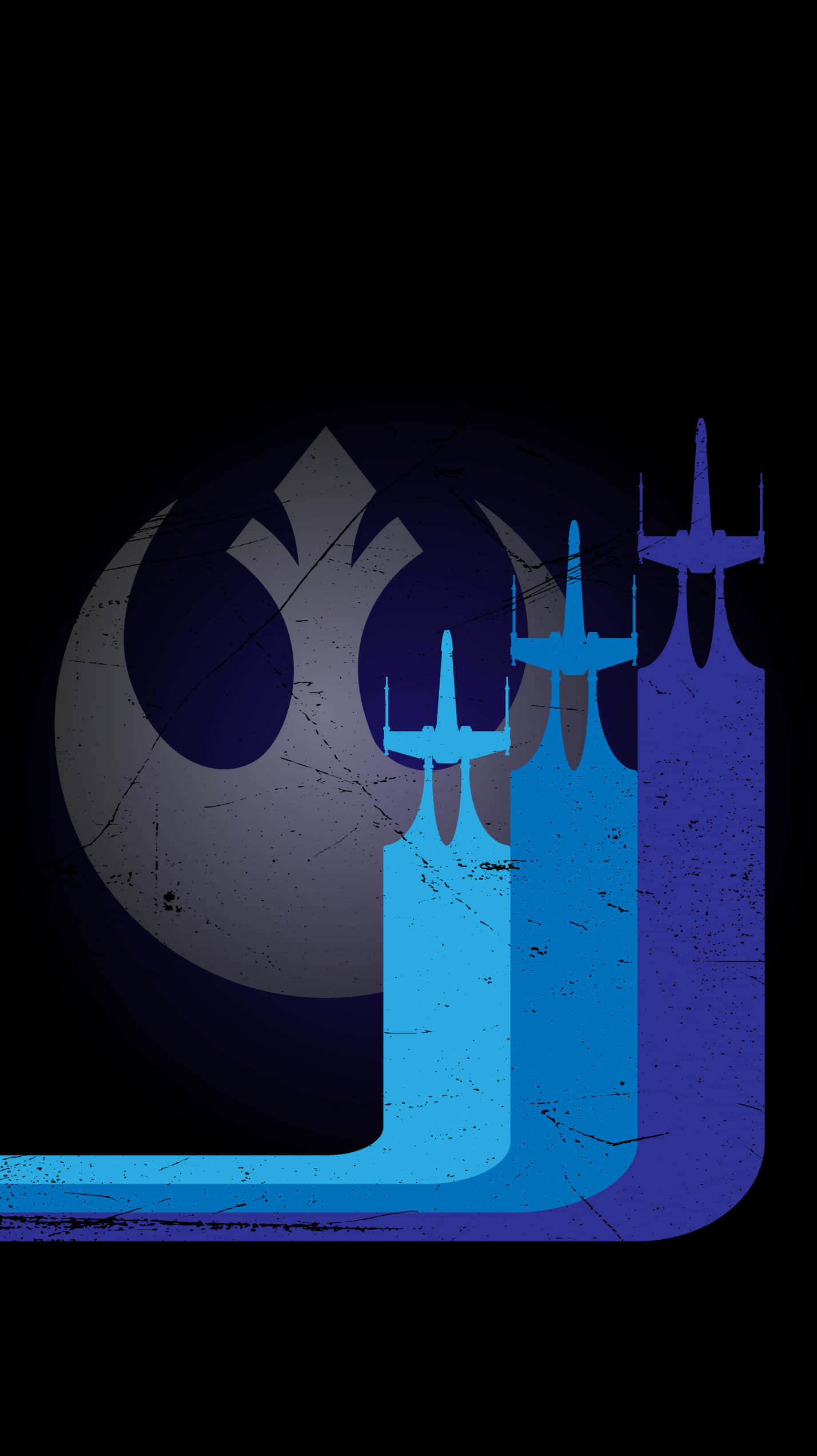 X-wing Fighter 桌布 壁紙 — 藍色X翼戰機剪影在黑暗背景上，對著破裂的反抗軍同盟標誌翱翔。