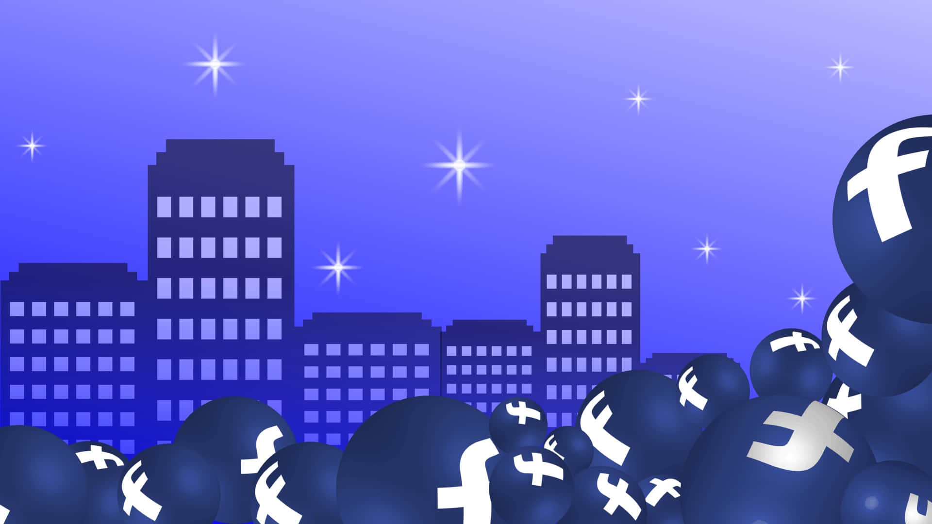 Social Media Icons 桌布 壁紙 — 藍色像素化城市天際線，星空夜空下，前景有浮動的Facebook標誌球體。