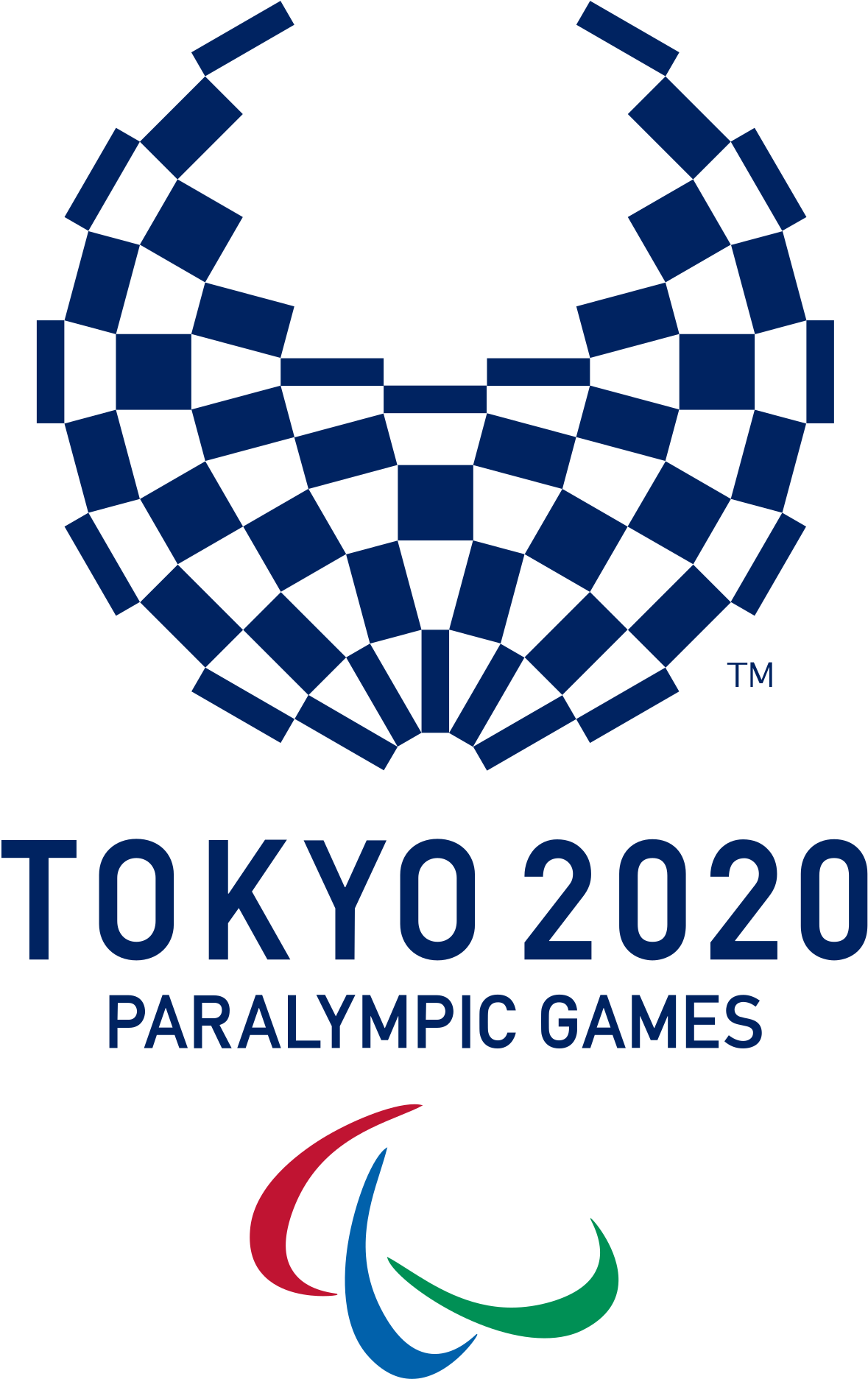東京 桌布 壁紙 — 藍色像素化帕運會標誌，帶有東京2020文字和彩色帕運會符號，黑色背景。
