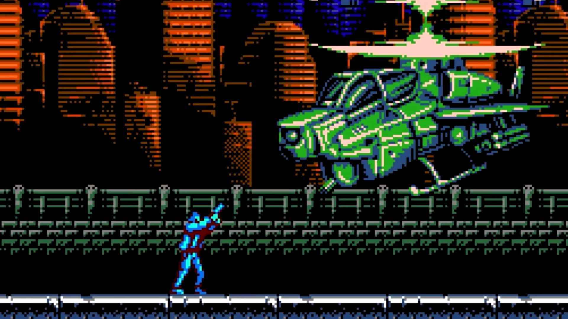 Old Video Game 桌布 壁紙 — 藍色像素英雄向夜間城市天際線上盤旋的綠色直升機開火。