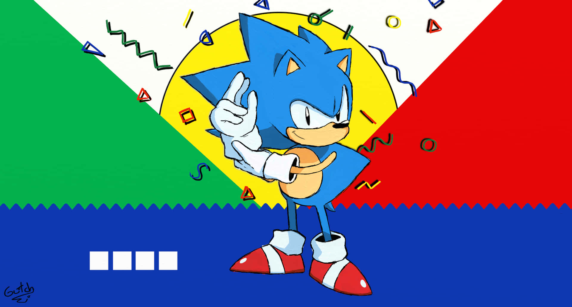 sonic mania 桌布 壁紙 — 藍色刺蝟 Sonic the Hedgehog 在充滿活力的90年代幾何背景前擺出酷炫姿勢，搭配大膽的原色。