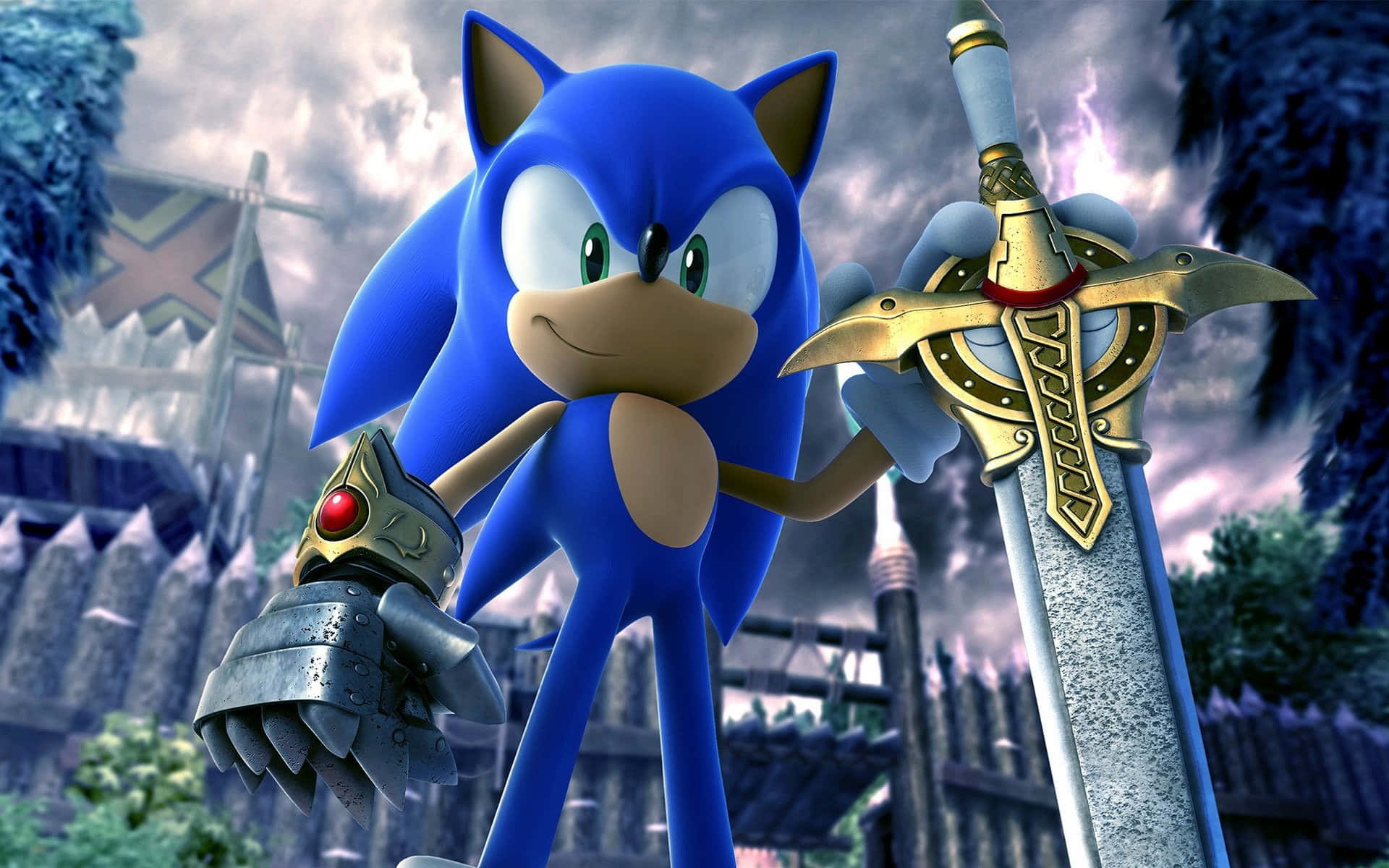 Sonic The Hedgehog 桌布 壁紙 — 藍色刺蝟 Sonic the Hedgehog 揮舞著金色劍和裝甲護手，背景是風暴中的城堡。