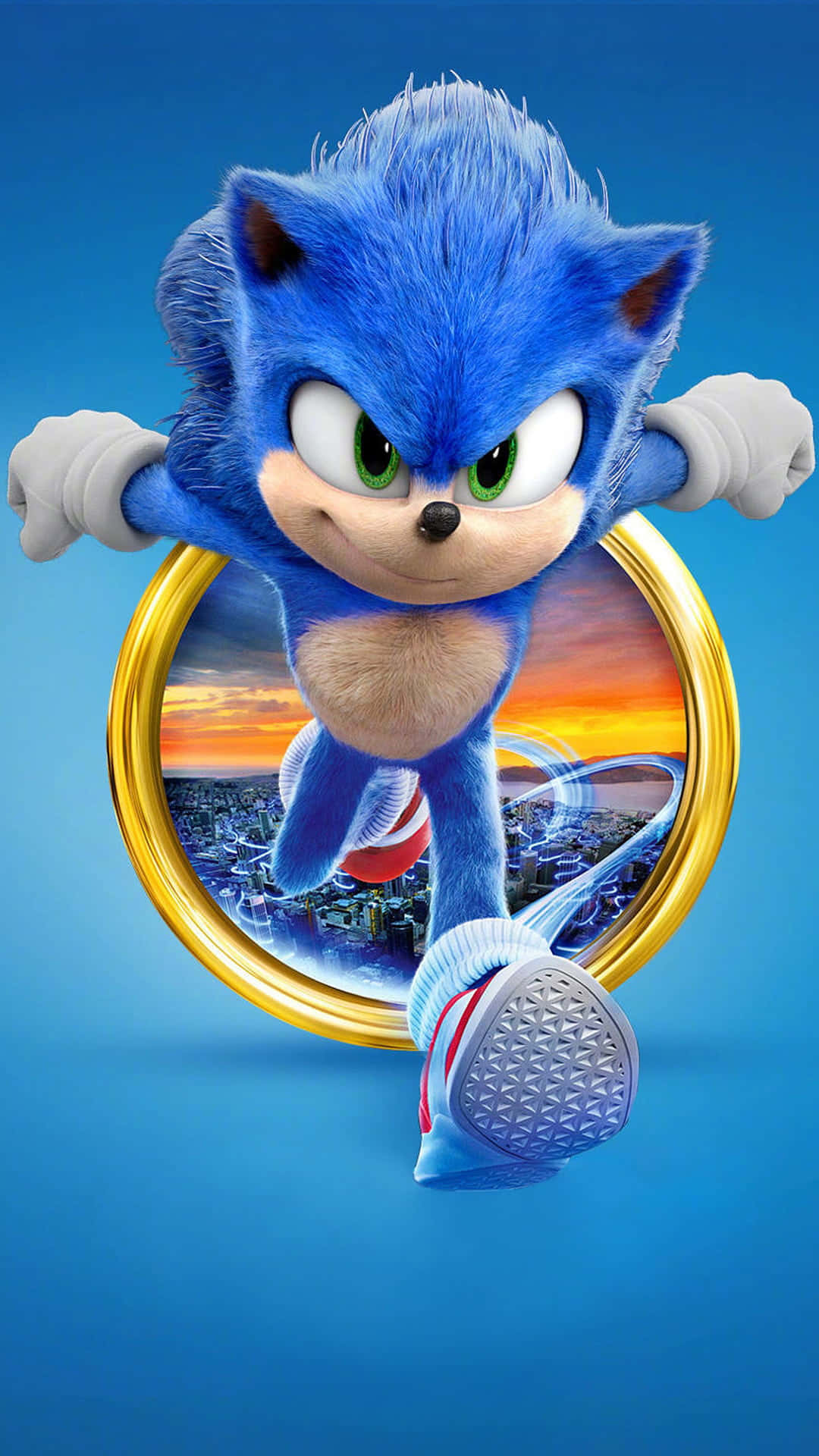 索尼克 桌布 壁紙 — 藍色刺蝟 Sonic the Hedgehog 穿過金色環圈，背景是充滿活力的日落城市景觀。