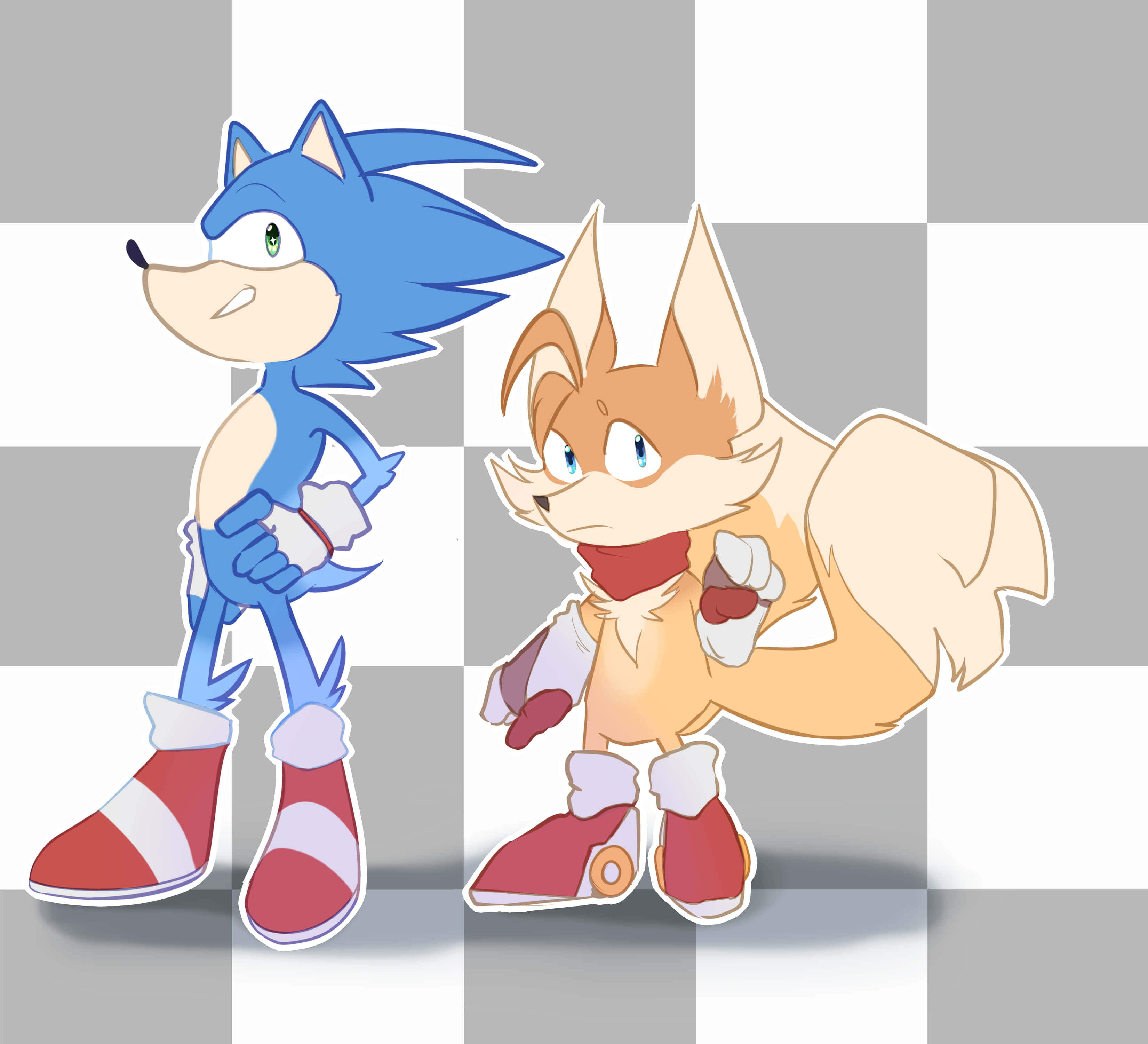 Sonic And Tails 桌布 壁紙 — 藍色刺蝟和橙色狐狸以經典電玩姿勢，站在灰色和白色格子背景前。