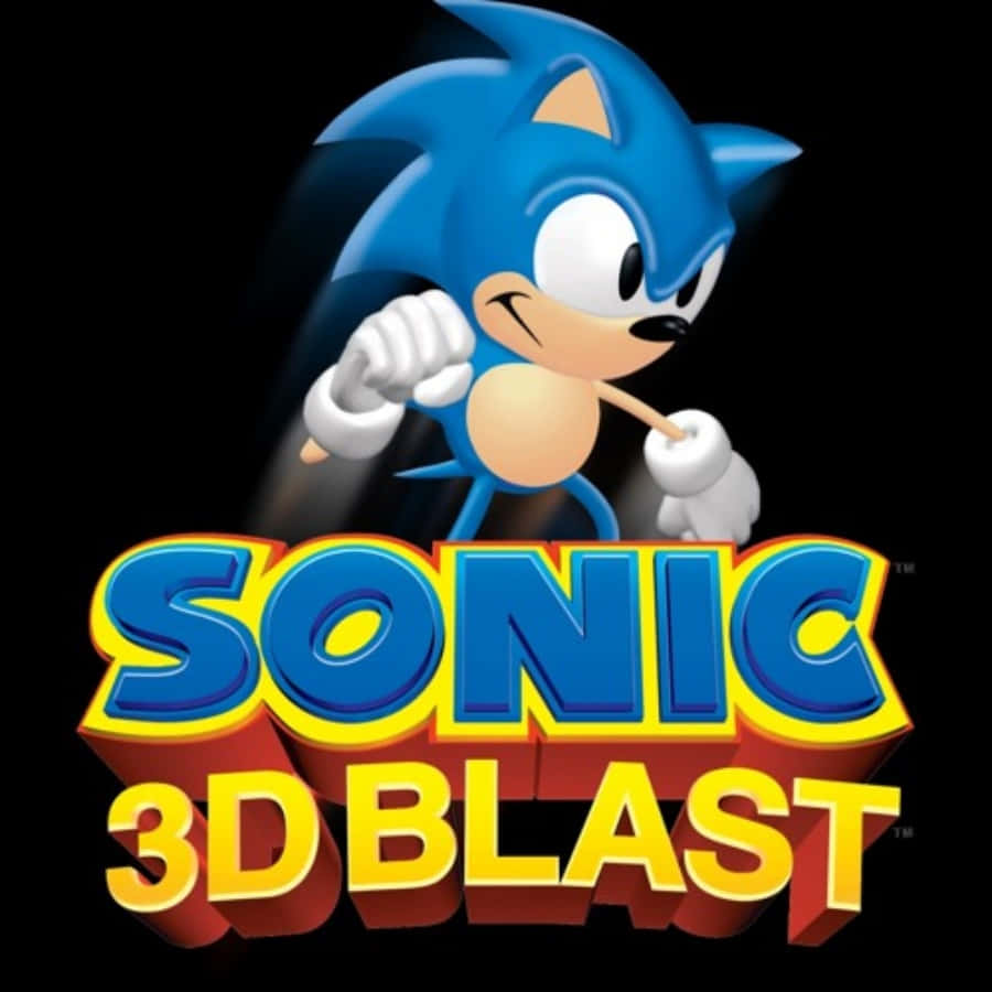 Sonic 3d Blast 桌布 壁紙 — 藍色刺蝟索尼克以動態奔跑姿勢出現在黑色背景上粗體3D標題文字上方。