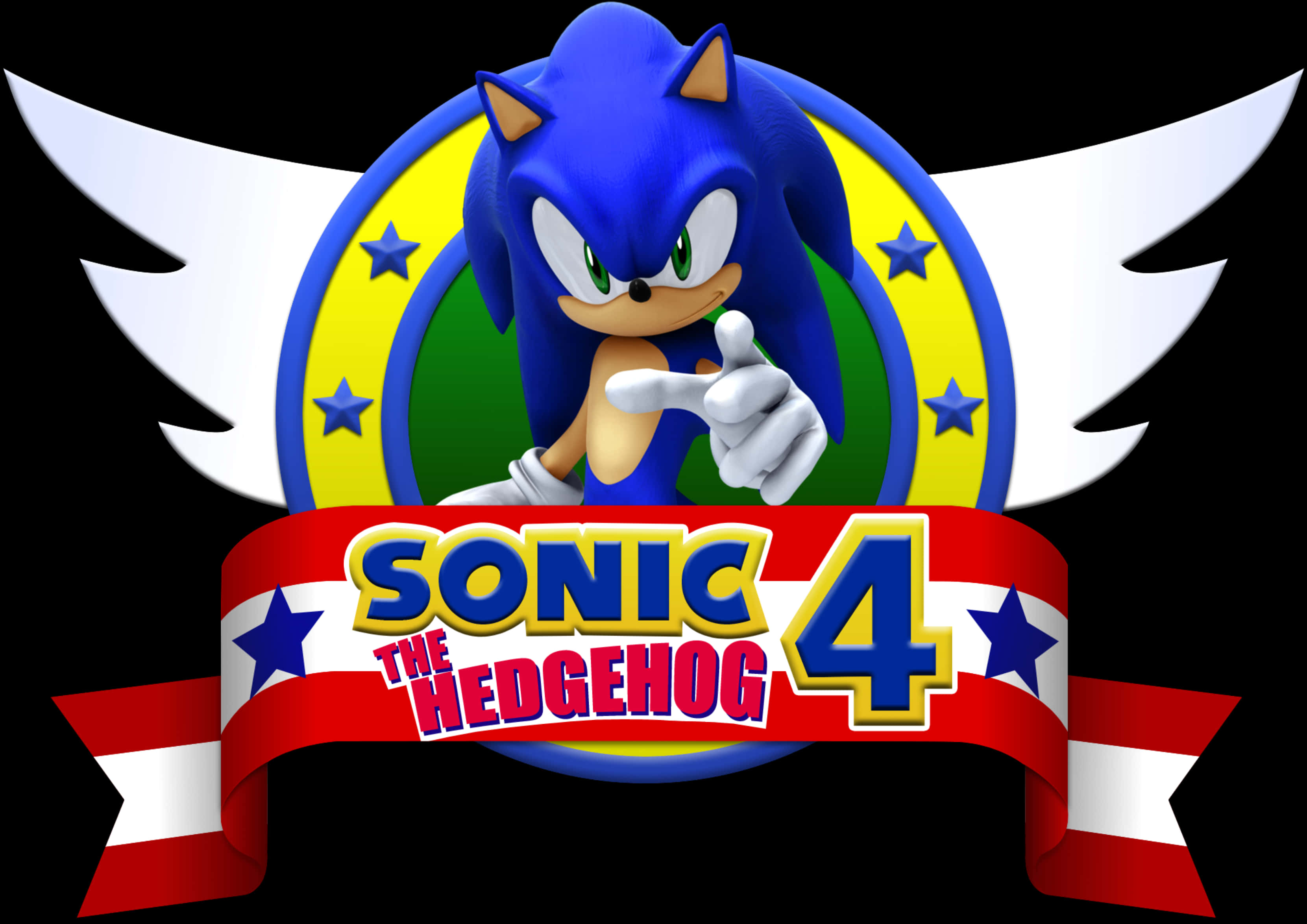 Sonic Logo 桌布 壁紙 — 藍色刺蝟索尼克向前指，身後有白色翅膀和愛國旗幟。