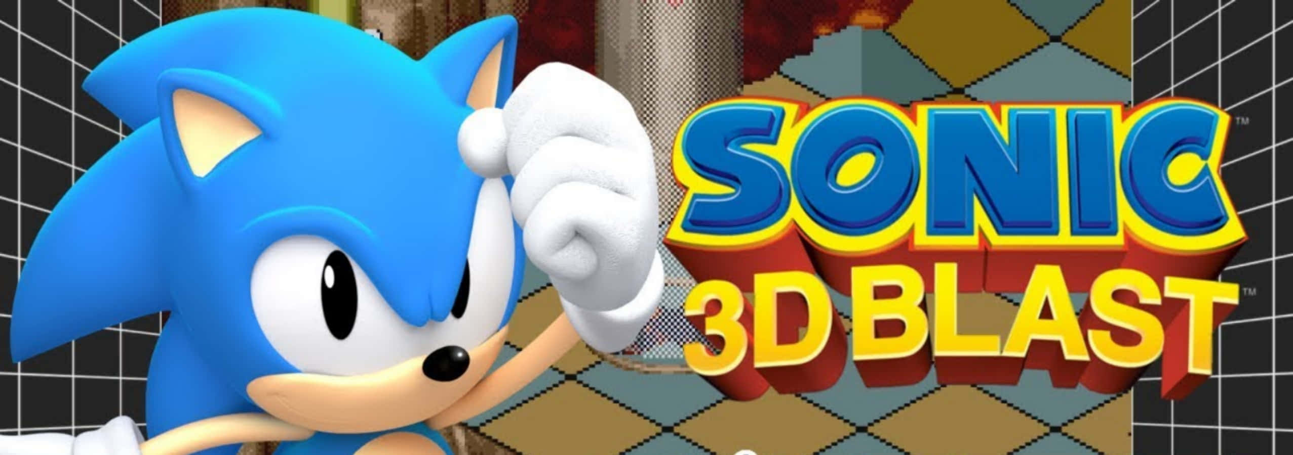 Sonic 3d Blast 桌布 壁紙 — 藍色刺蝟索尼克在3D風格中舉起拳頭，在粗體遊戲標題文字旁擺姿勢。