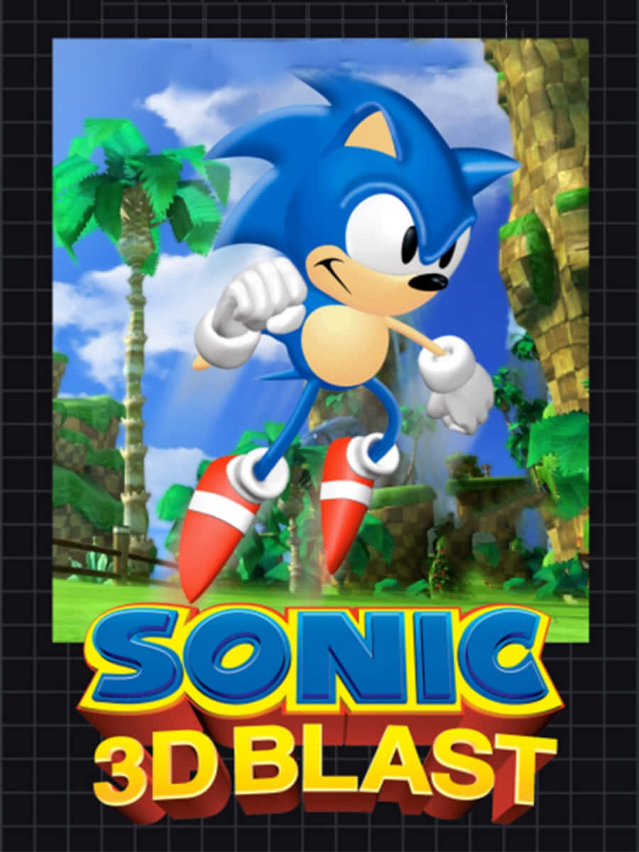 Sonic 3d Blast 桌布 壁紙 — 藍色刺蝟索尼克在晴朗藍天下，充滿活力地穿過有棕櫚樹和石頭遺跡的茂密叢林。