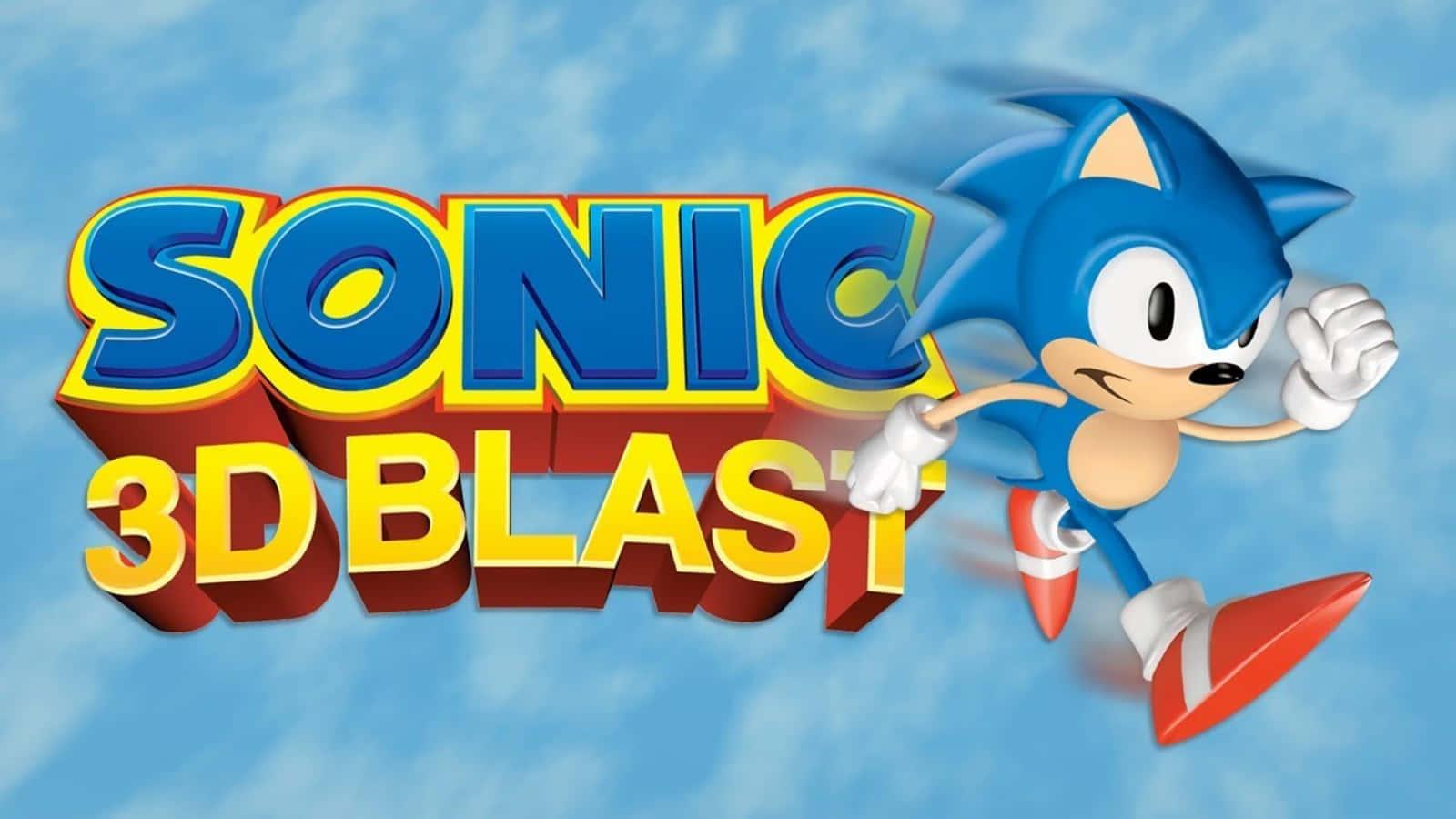 Sonic 3d Blast 桌布 壁紙 — 藍色刺蝟索尼克在柔和的藍天背景下跑過粗體3D標題文字。