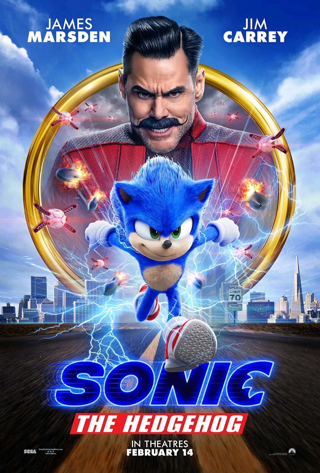 Sonic The Hedgehog 桌布 壁紙 — 藍色刺蝟索尼克帶著閃電效果跑過一個金色環，環內有一個留鬍子的男人，背景是城市天際線。