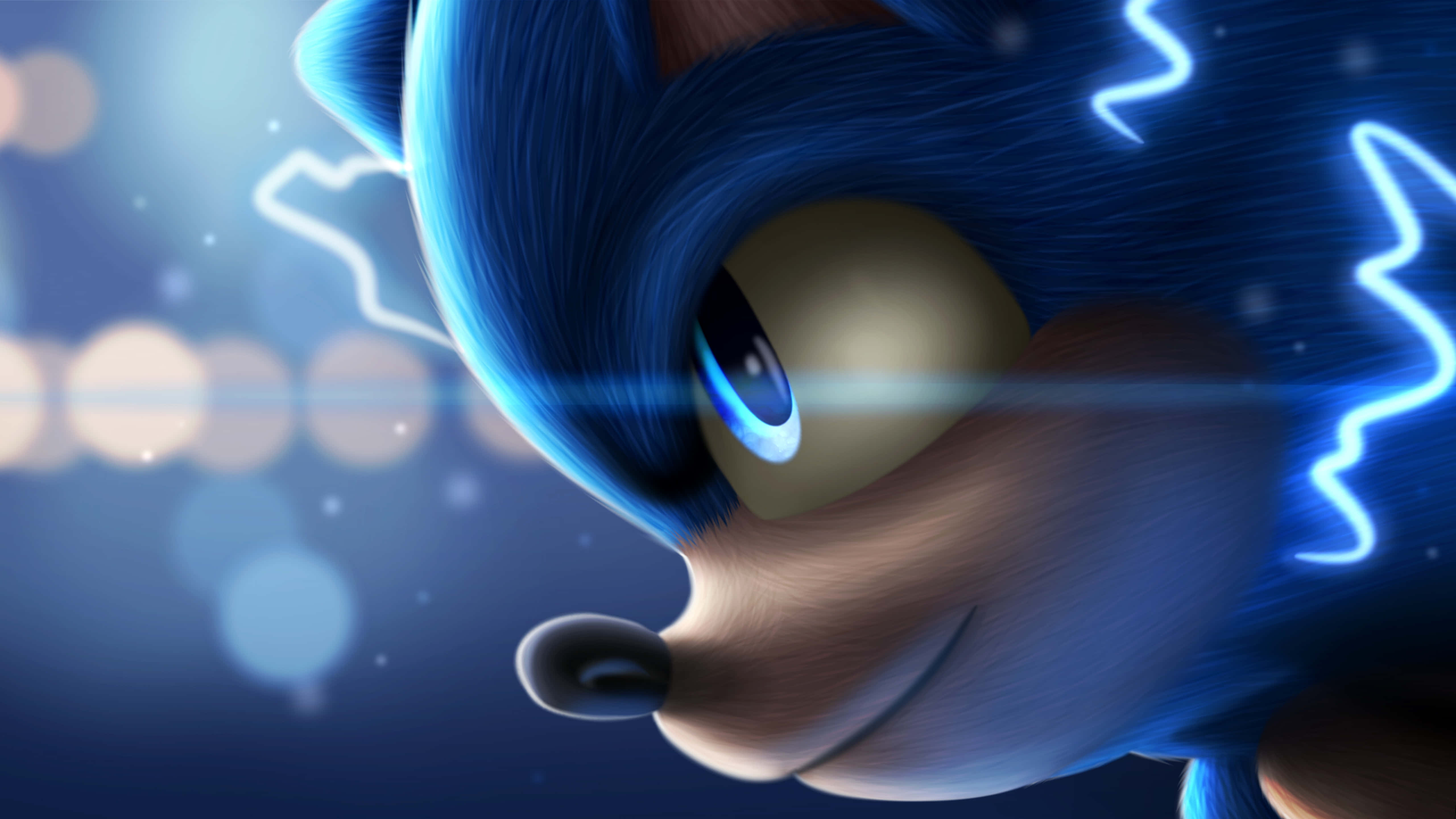 Sonic Art 桌布 壁紙 — 藍色刺蝟索尼克的特寫，有發光的眼睛和電藍色能量條紋，背景是模糊的散景。