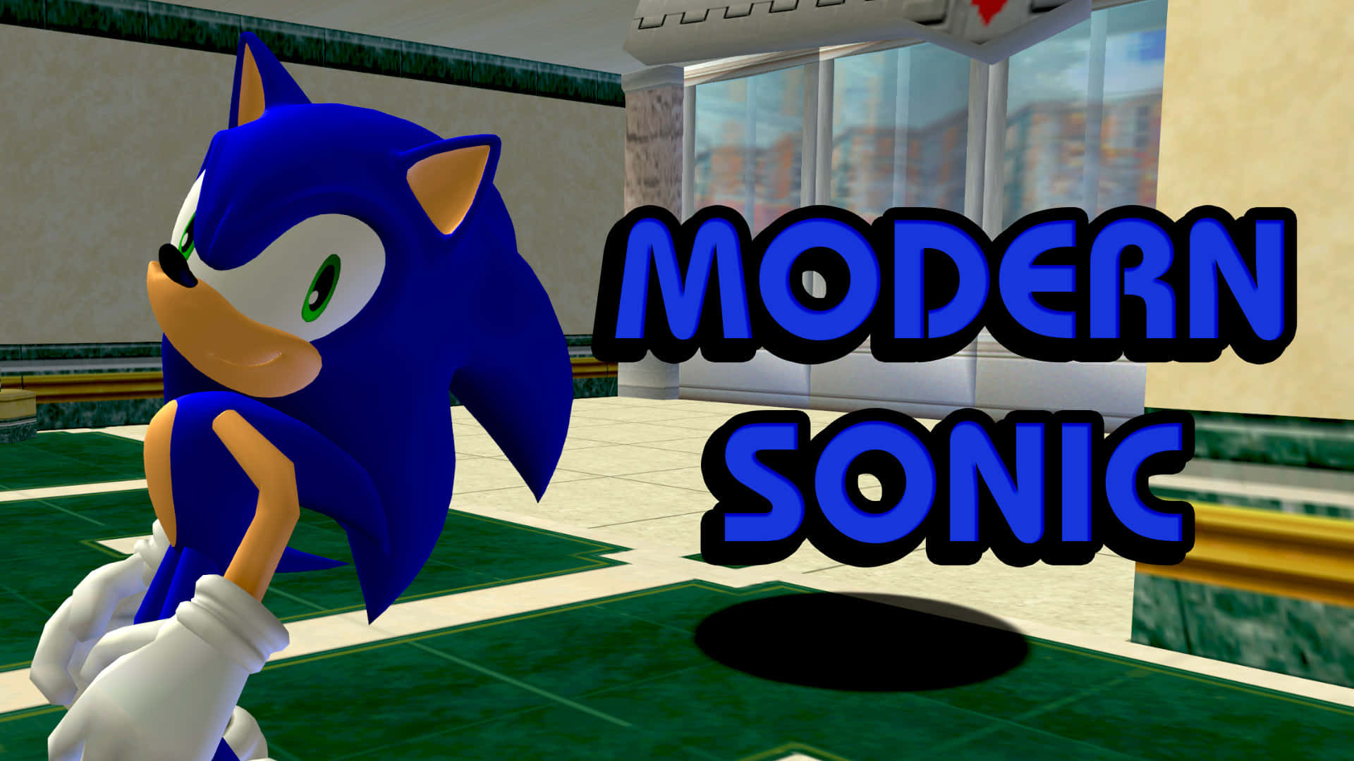 Modern Sonic 桌布 壁紙 — 藍色刺蝟索尼克站在現代室內環境中，旁邊有粗體文字寫著「MODERN SONIC」。
