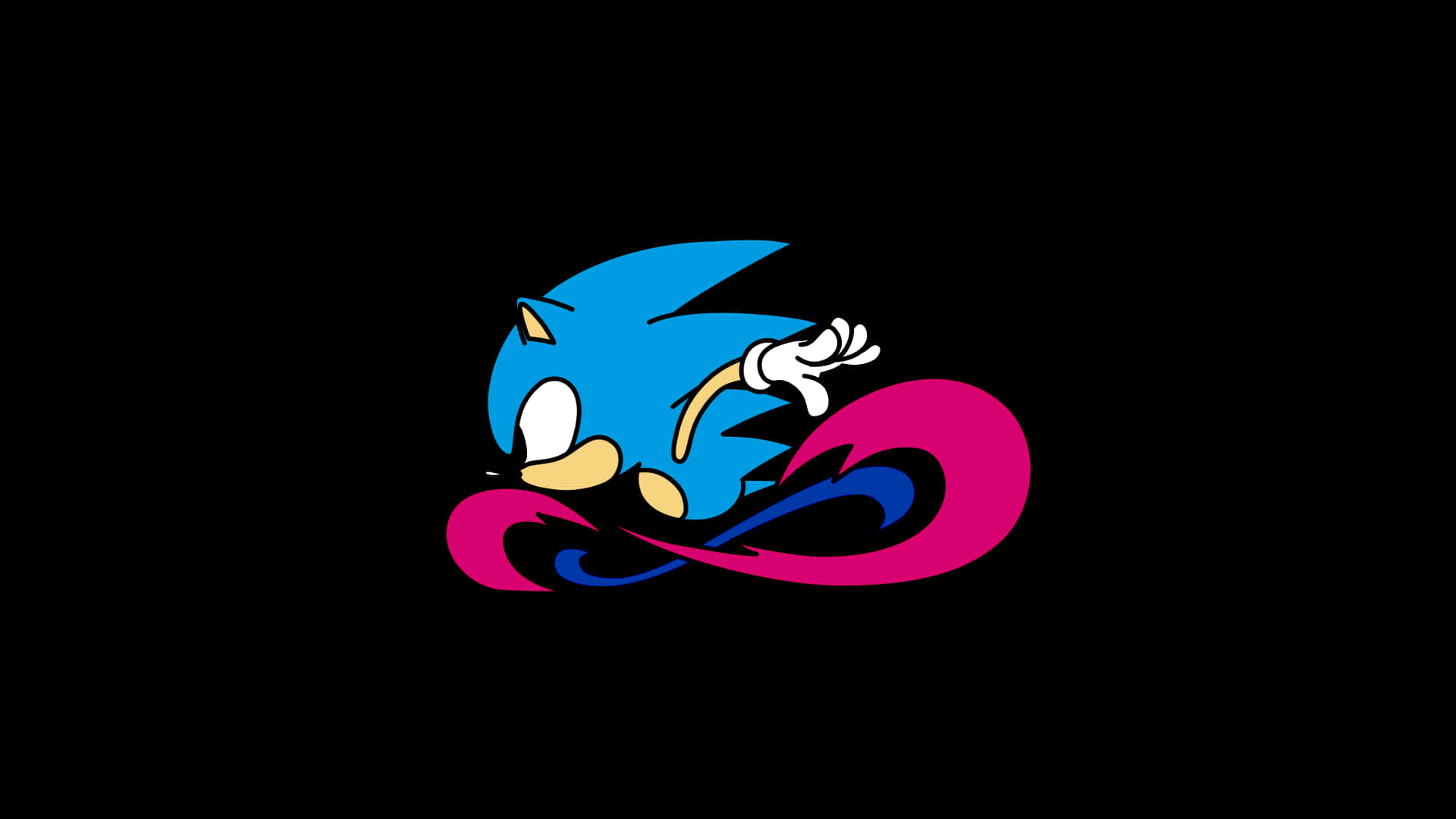 Classic Sonic 桌布 壁紙 — 藍色刺蝟音速小子向前衝刺，在黑色背景上留下粉紅色和藍色的運動軌跡。
