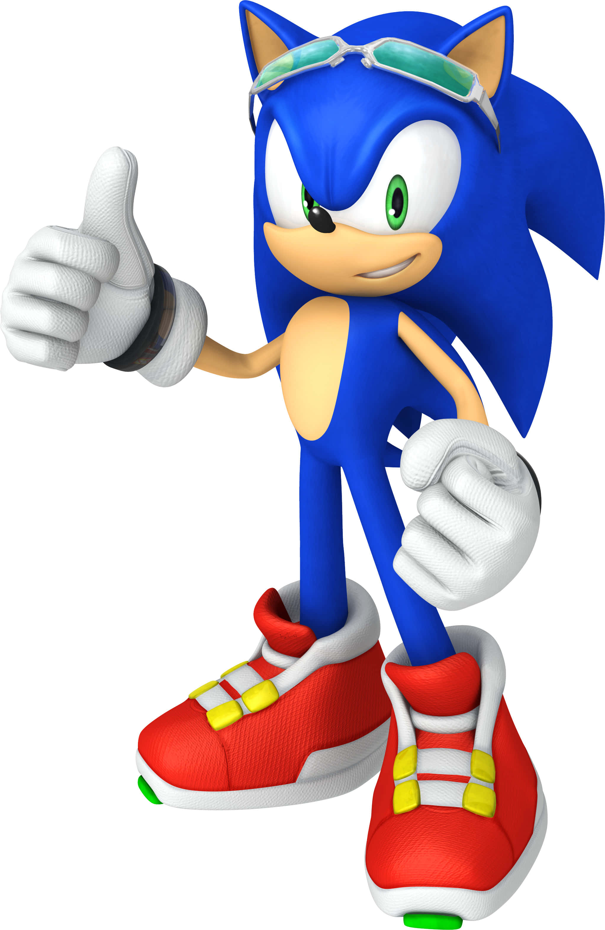 Modern Sonic 桌布 壁紙 — 藍色刺蝟音速小子豎起大拇指，穿著紅色運動鞋和護目鏡，背景為白色。