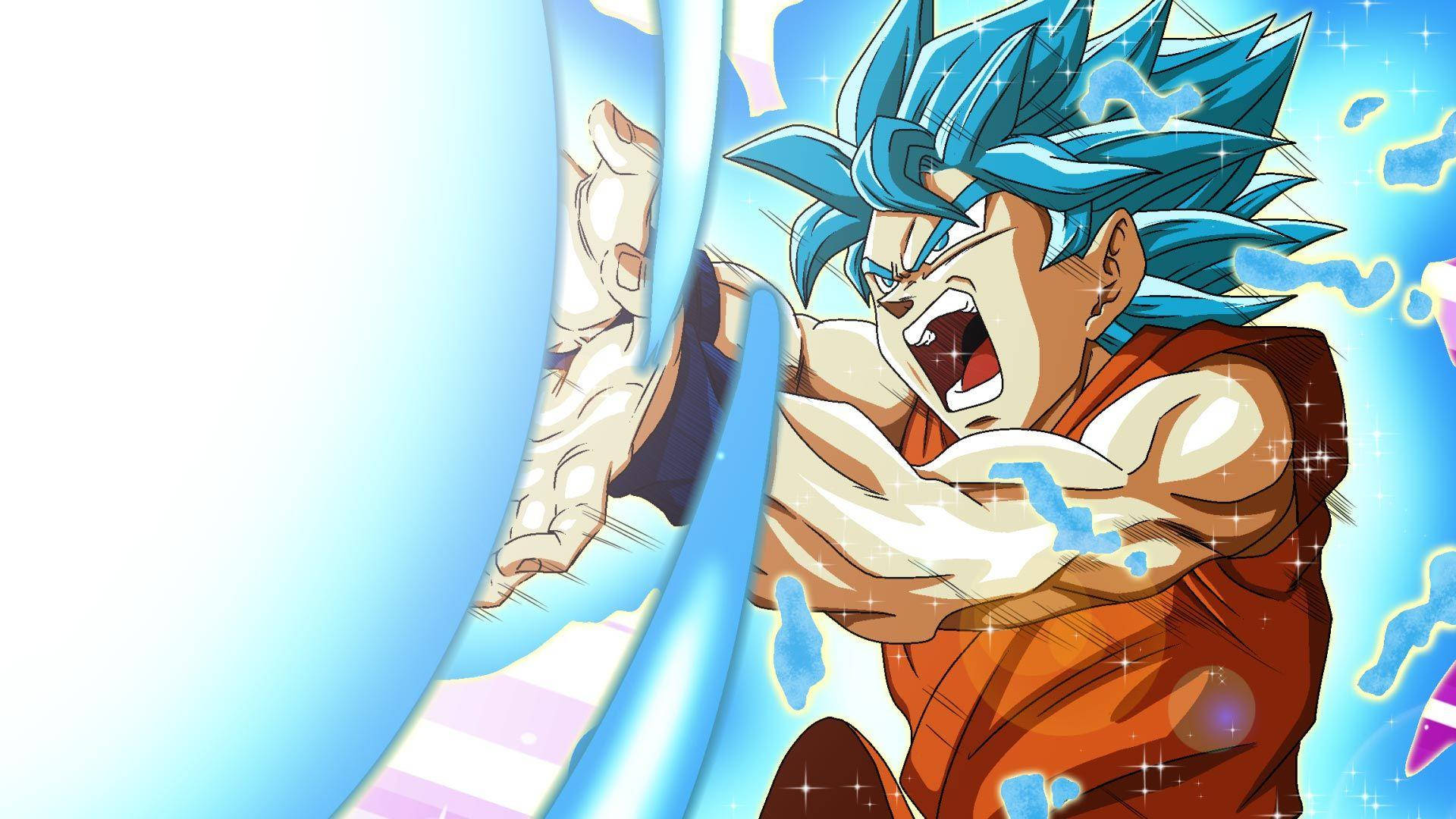 Goku Dragon Ball Super 桌布 壁紙 — 藍色刺蝟頭、身穿橙色道服的動漫角色，以發光能量向前揮拳，展現動感戰鬥姿勢。