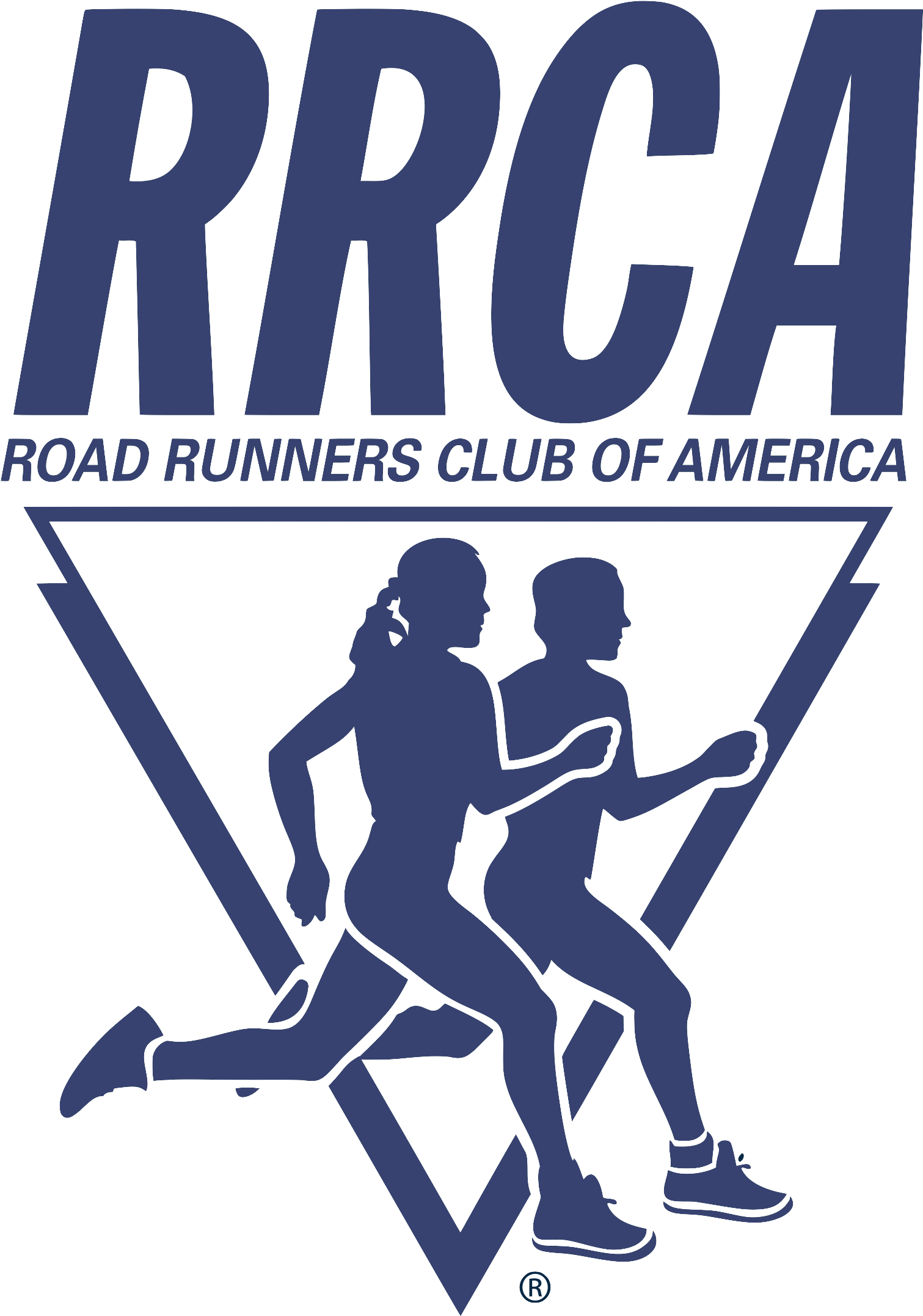 跑步者 桌布 壁紙 — 藍色剪影，兩個跑者在三角形內，下方有'RRCA Road Runners Club of America'文字。